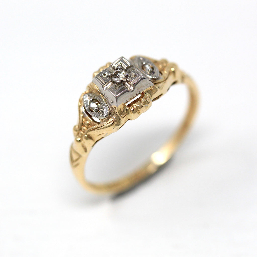 Vintage Engagement Ring - Retro Era 14k Yellow Gold .04 ctw Genuine Diamond Gemstones - Circa 1940s Size 4.75 Fine 40s Bridal Gem Jewelry