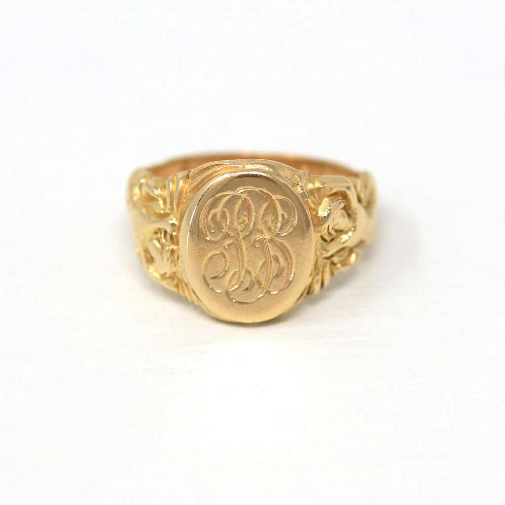 PB Signet Ring - Rare Mermaid Motif Edwardian 14k Yellow Gold Engraved Old English Band - Antique Early 1900s Size 4.5 Fine Jewelry