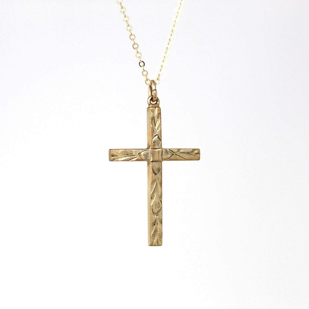 Vintage Cross Necklace - Retro Era Gold Filled Religious Statement Pendant Charm- Circa 1940s Fine Faith Statement Engraved Design Jewelry