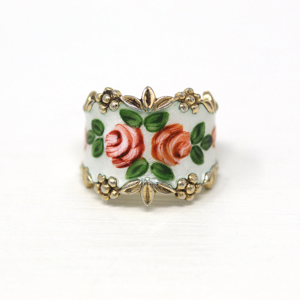 Vintage Flower Band - Retro Sterling Silver Gold Wash Guilloché White Enamel Wide Cigar Ring - Circa 1960s Size 5.5 Green Floral 60s Jewelry