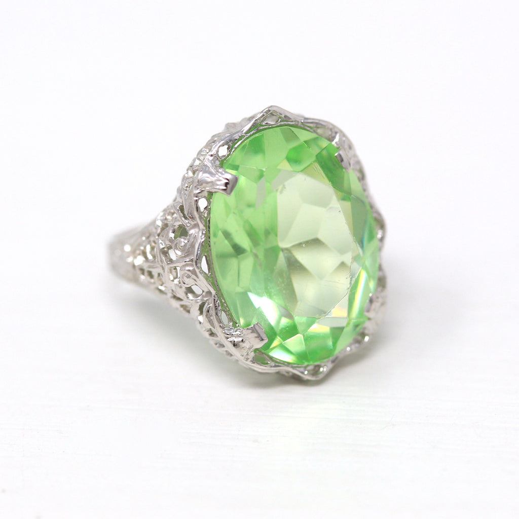 Statement Filigree Ring - Art Deco Era 10k White Gold Faceted Simulated Peridot Stone - Vintage Circa 1920s Size 4.75 Floral Fine Jewelry