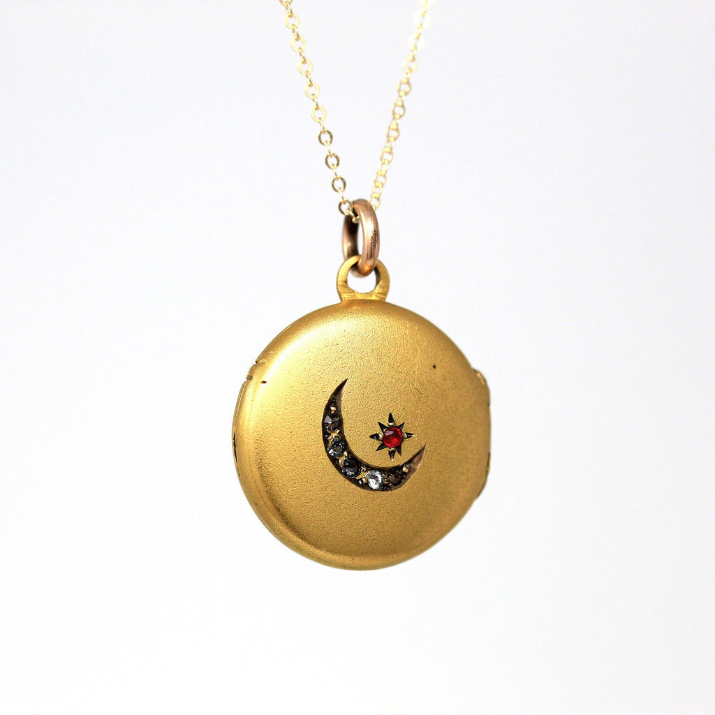 Star & Moon Locket - Antique Gold Filled Rhinestone Celestial Crescent Pendant Necklace - Edwardian Circa 1900s Initials LW Keepsake Charm