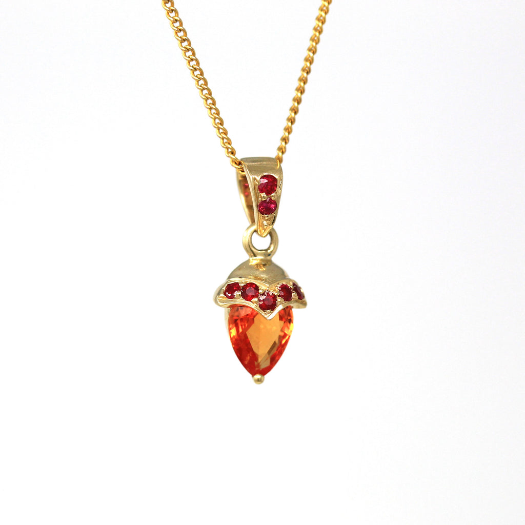 Orange Sapphire Pendant - Estate 14k Yellow Gold Genuine Rubies Gemstones Necklace - Modern Circa 1990s September Birthstone Fine Jewelry