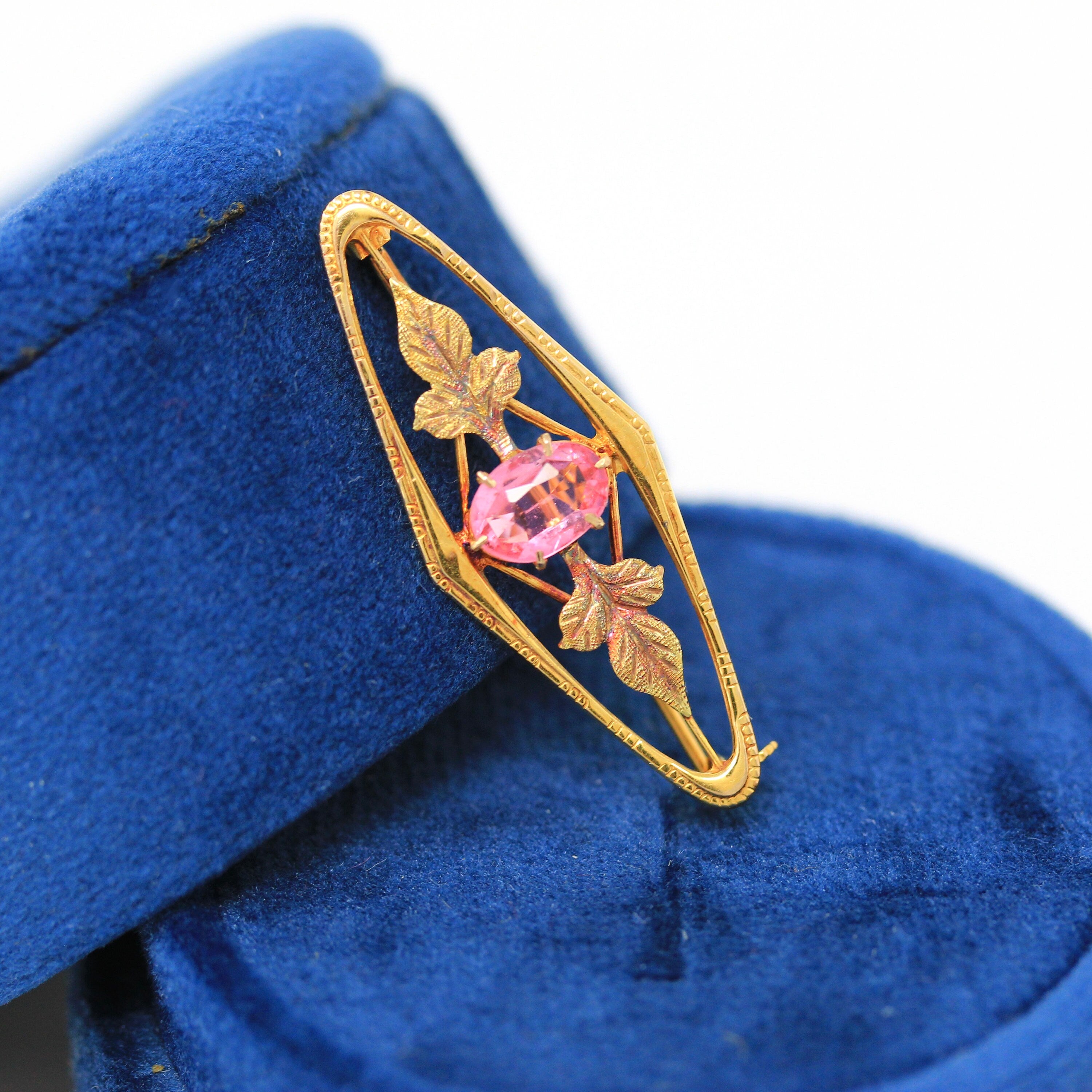 Vintage Brooch Accessory - Retro 10k Yellow Gold Simulated Pink Sapphire Stone Pin - Circa 1940s Leaf Motif Smith & Fisher Fine 40s Jewelry