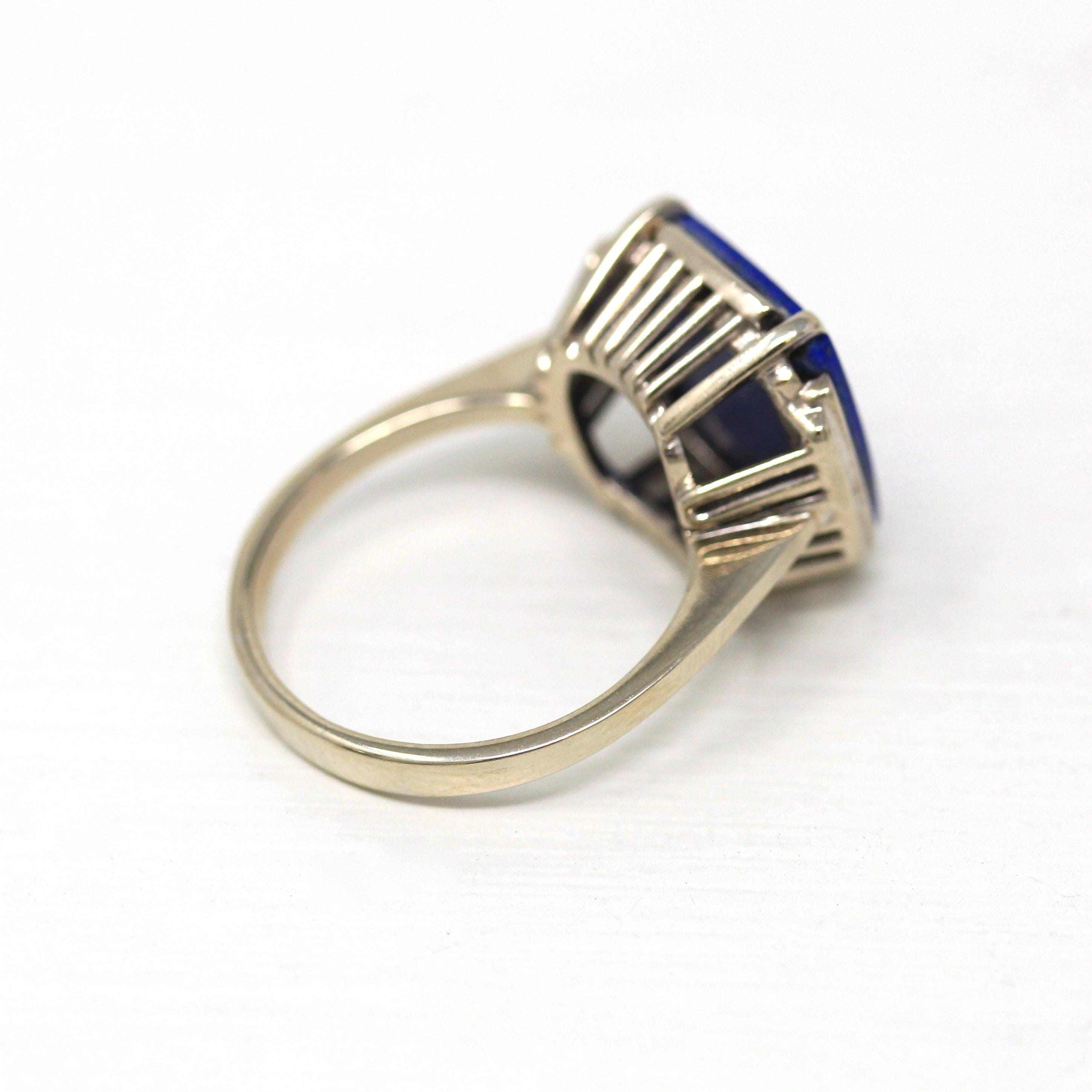 Genuine Lapis Lazuli Ring - Vintage 14k White Gold Fancy Cut Flat Blue Gem Pyrite Statement - Circa 1970s Size 6 1/4 Gemstone Fine Jewelry