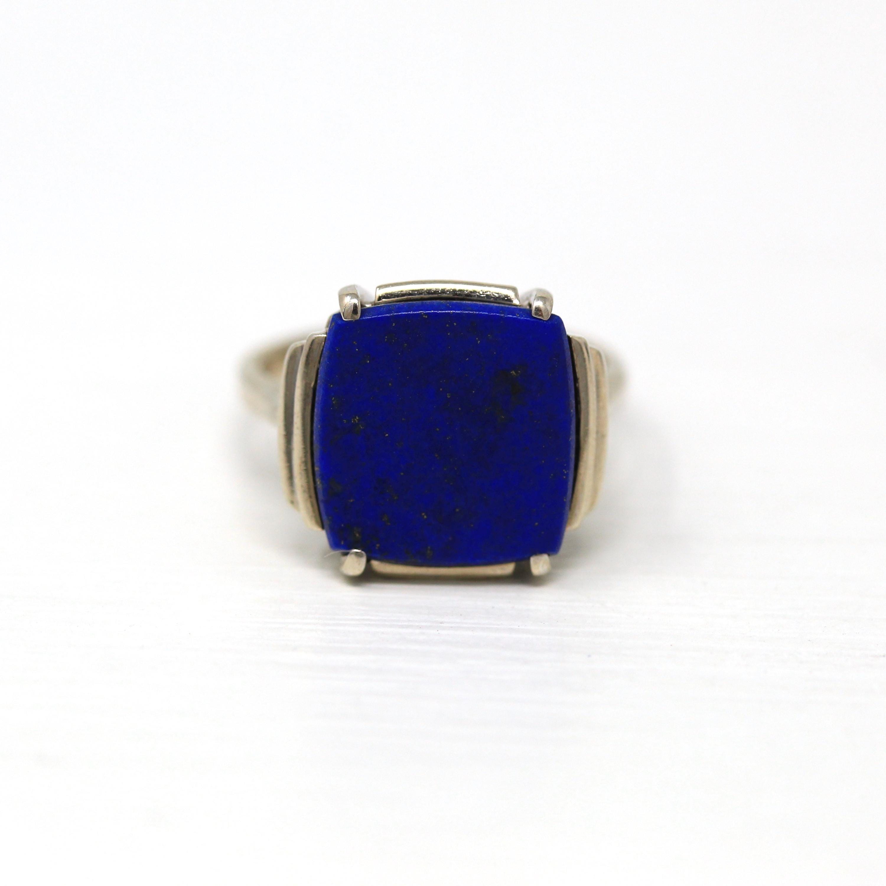 Natural Lapis Lazuli Ring - Vintage 14k White Gold Fancy Cut Flat Blue Gem Pyrite Statement - Circa 1970s Size 6 1/4 Gemstone Fine Jewelry