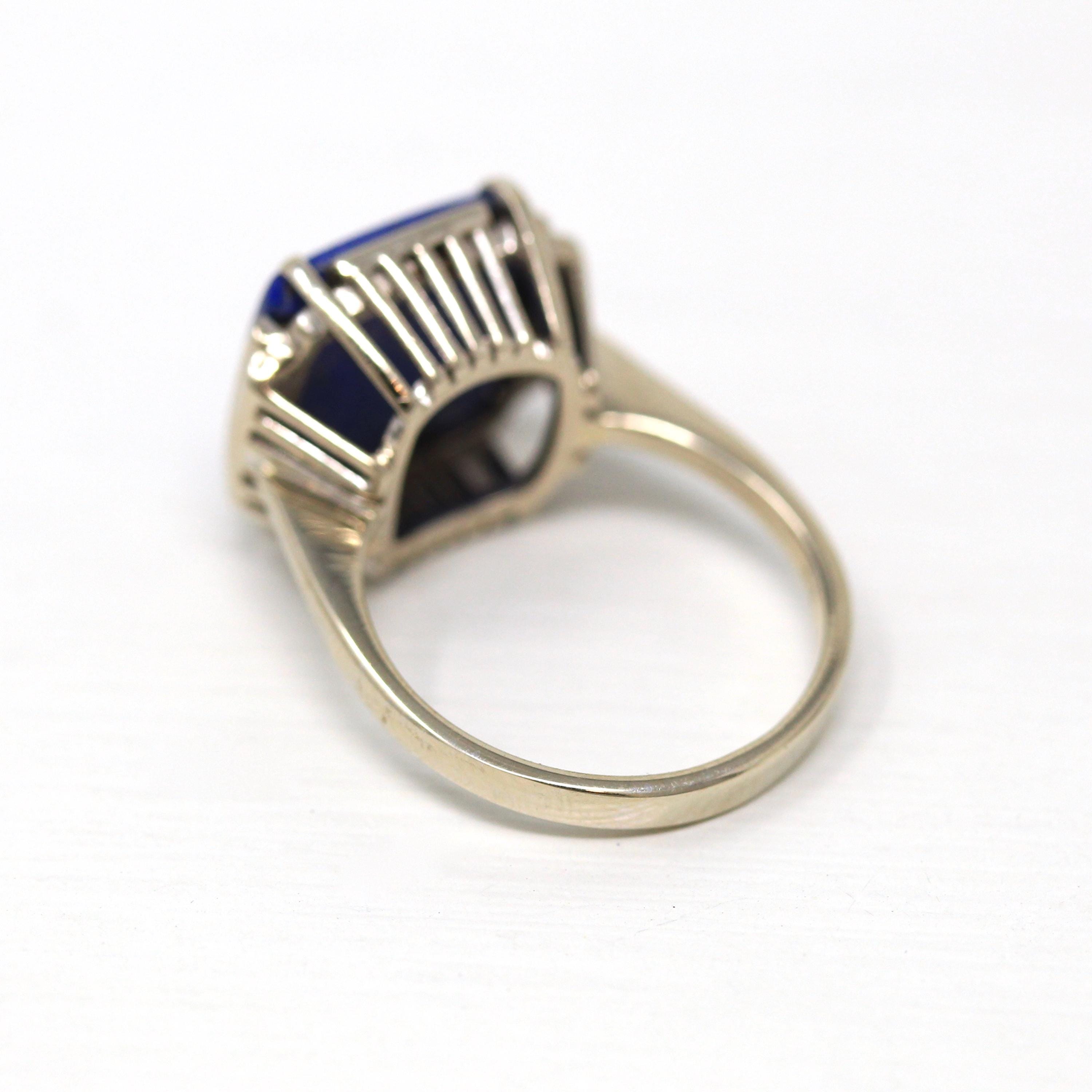 Natural Lapis Lazuli Ring - Vintage 14k White Gold Fancy Cut Flat Blue Gem Pyrite Statement - Circa 1970s Size 6 1/4 Gemstone Fine Jewelry