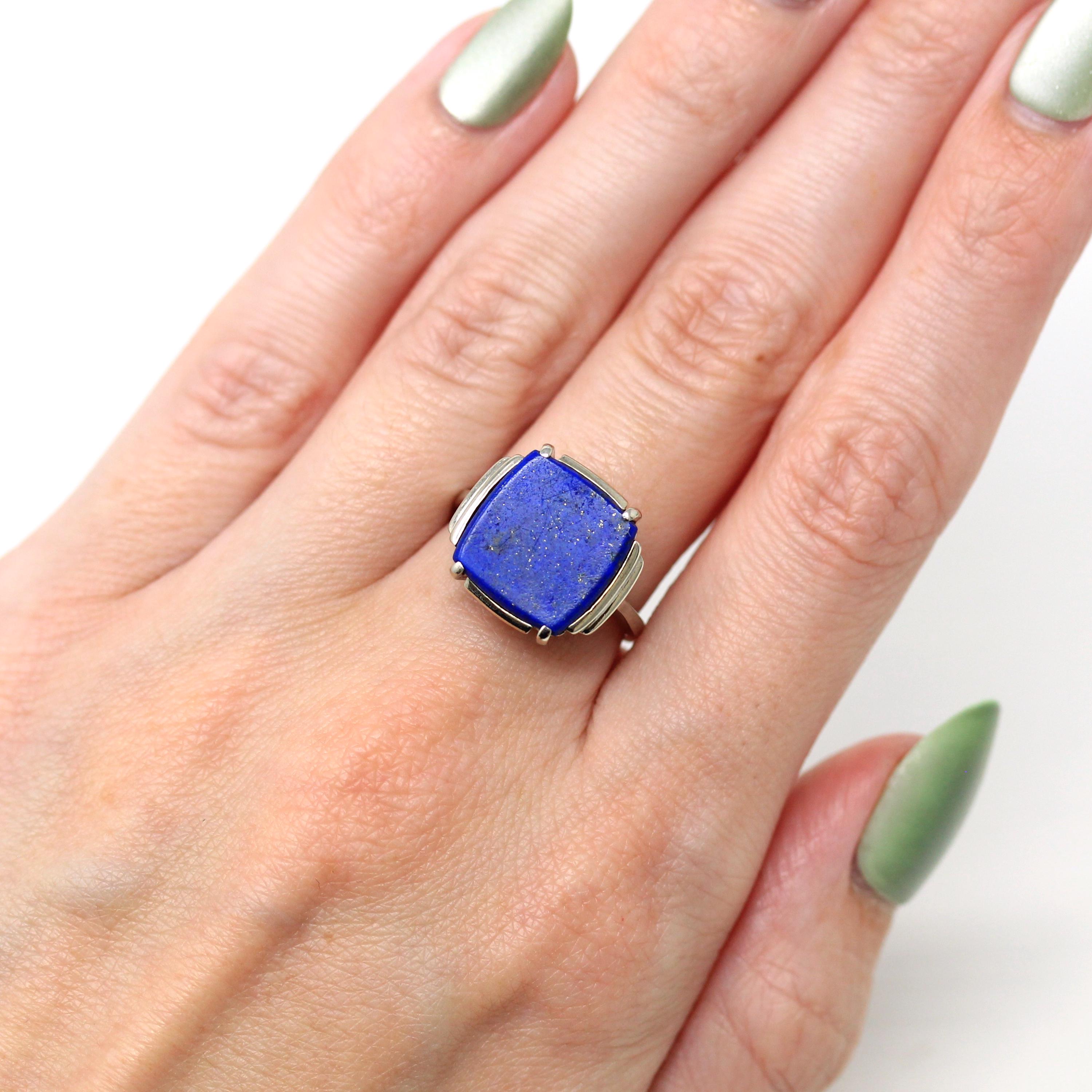 Natural Lapis Lazuli Ring - Vintage 14k White Gold Fancy Cut Flat Blue Gem Pyrite Statement - Circa 1970s Size 6 1/4 Gemstone Fine Jewelry