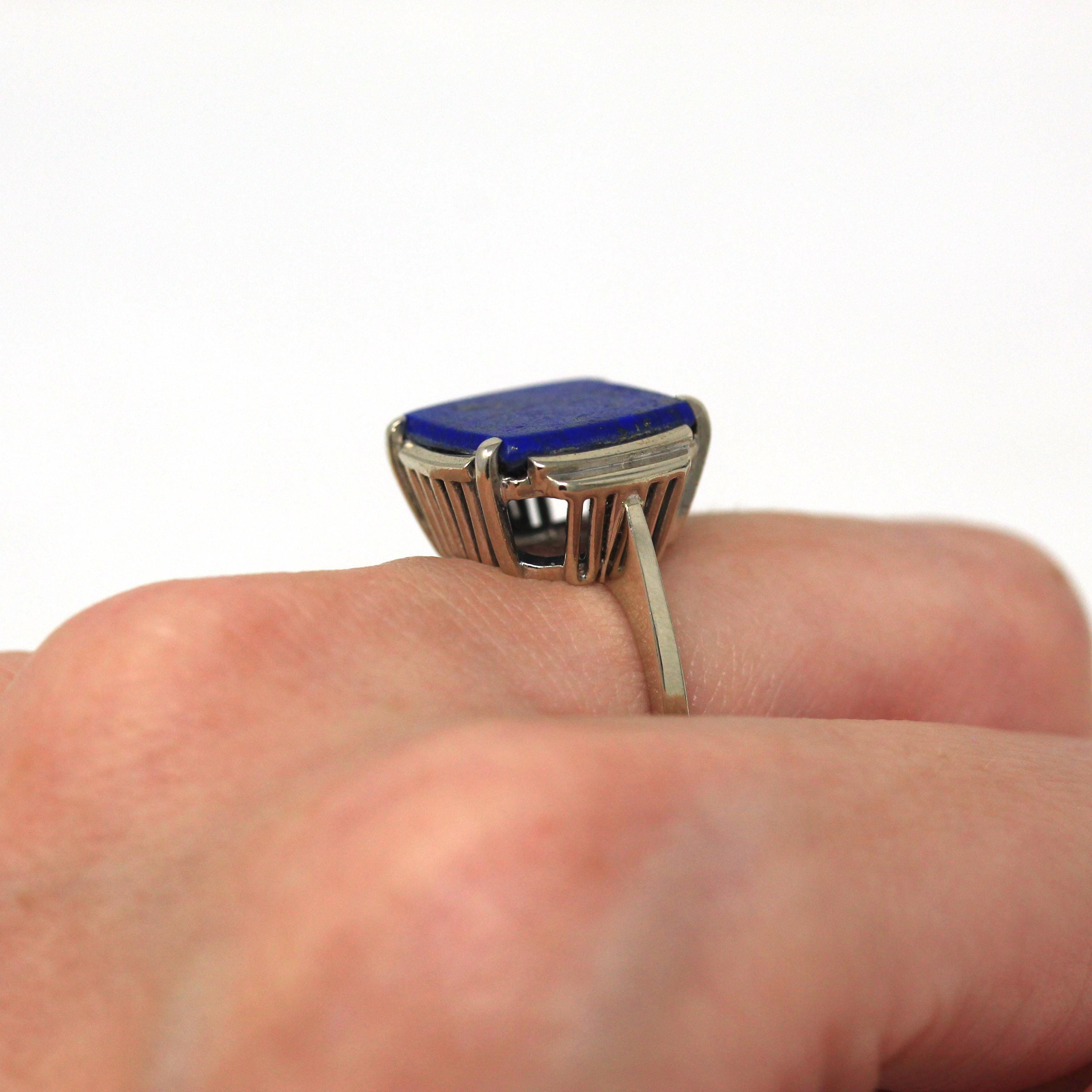 Natural Lapis Lazuli Ring - Vintage 14k White Gold Fancy Cut Flat Blue Gem Pyrite Statement - Circa 1970s Size 6 1/4 Gemstone Fine Jewelry