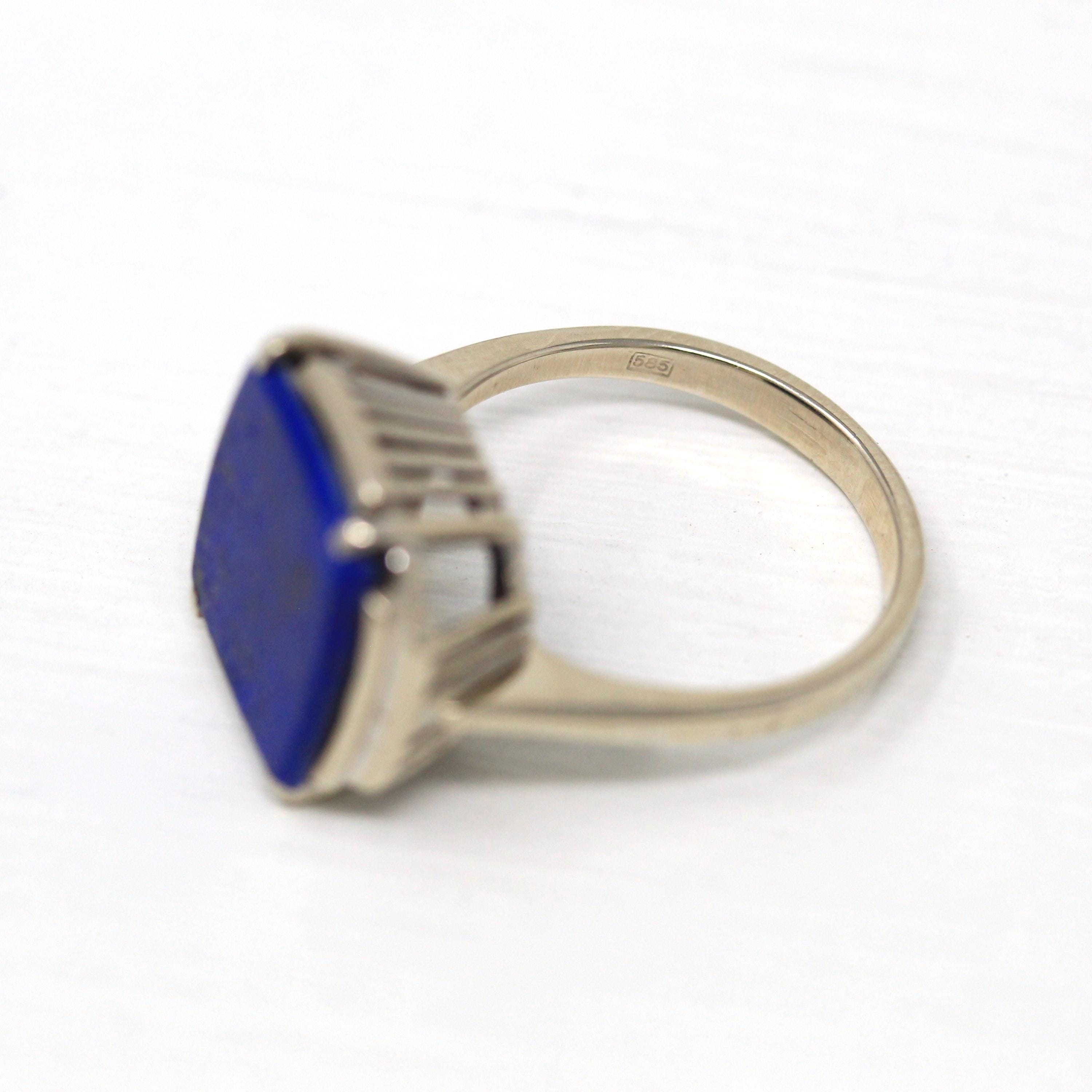 Natural Lapis Lazuli Ring - Vintage 14k White Gold Fancy Cut Flat Blue Gem Pyrite Statement - Circa 1970s Size 6 1/4 Gemstone Fine Jewelry
