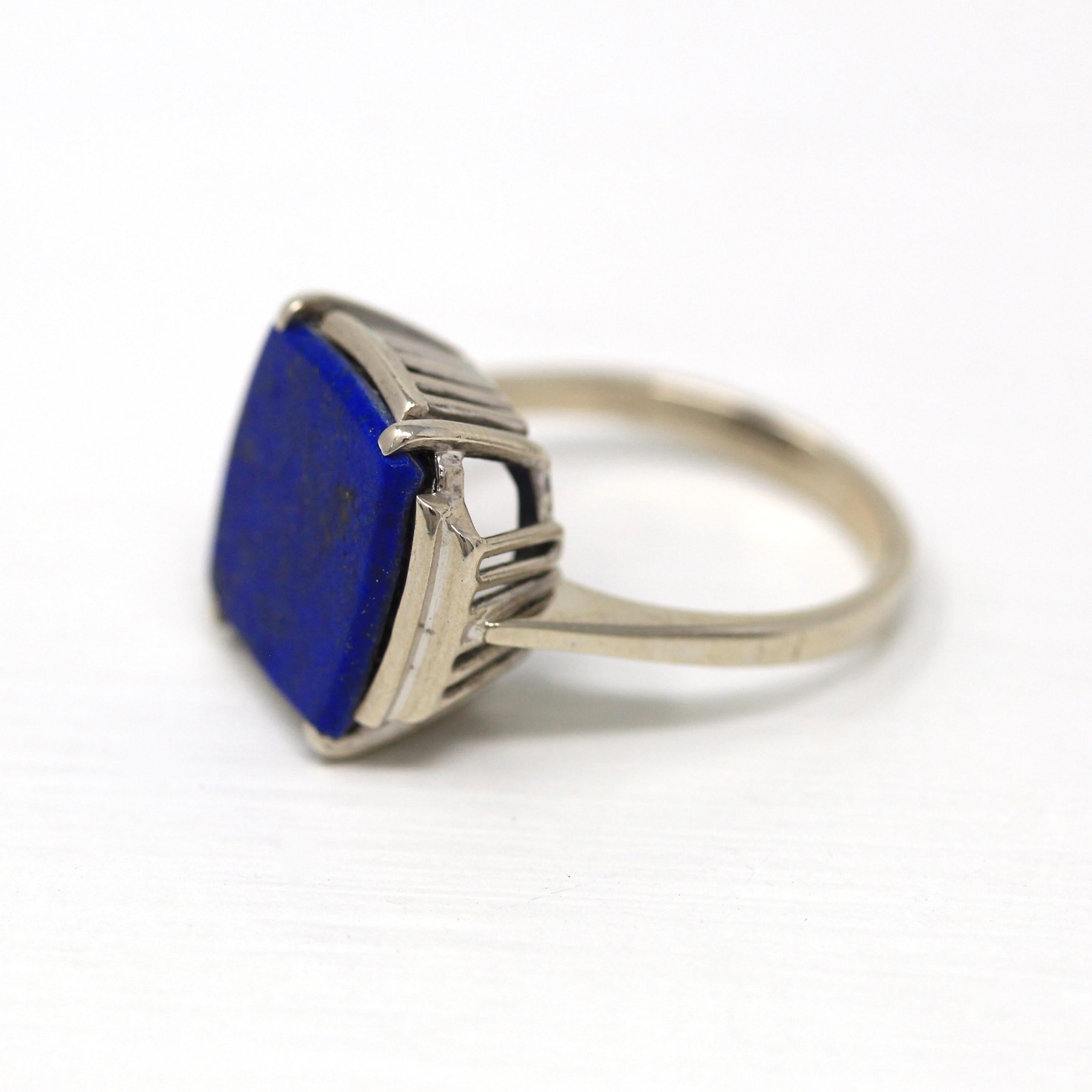 Natural Lapis Lazuli Ring - Vintage 14k White Gold Fancy Cut Flat Blue Gem Pyrite Statement - Circa 1970s Size 6 1/4 Gemstone Fine Jewelry