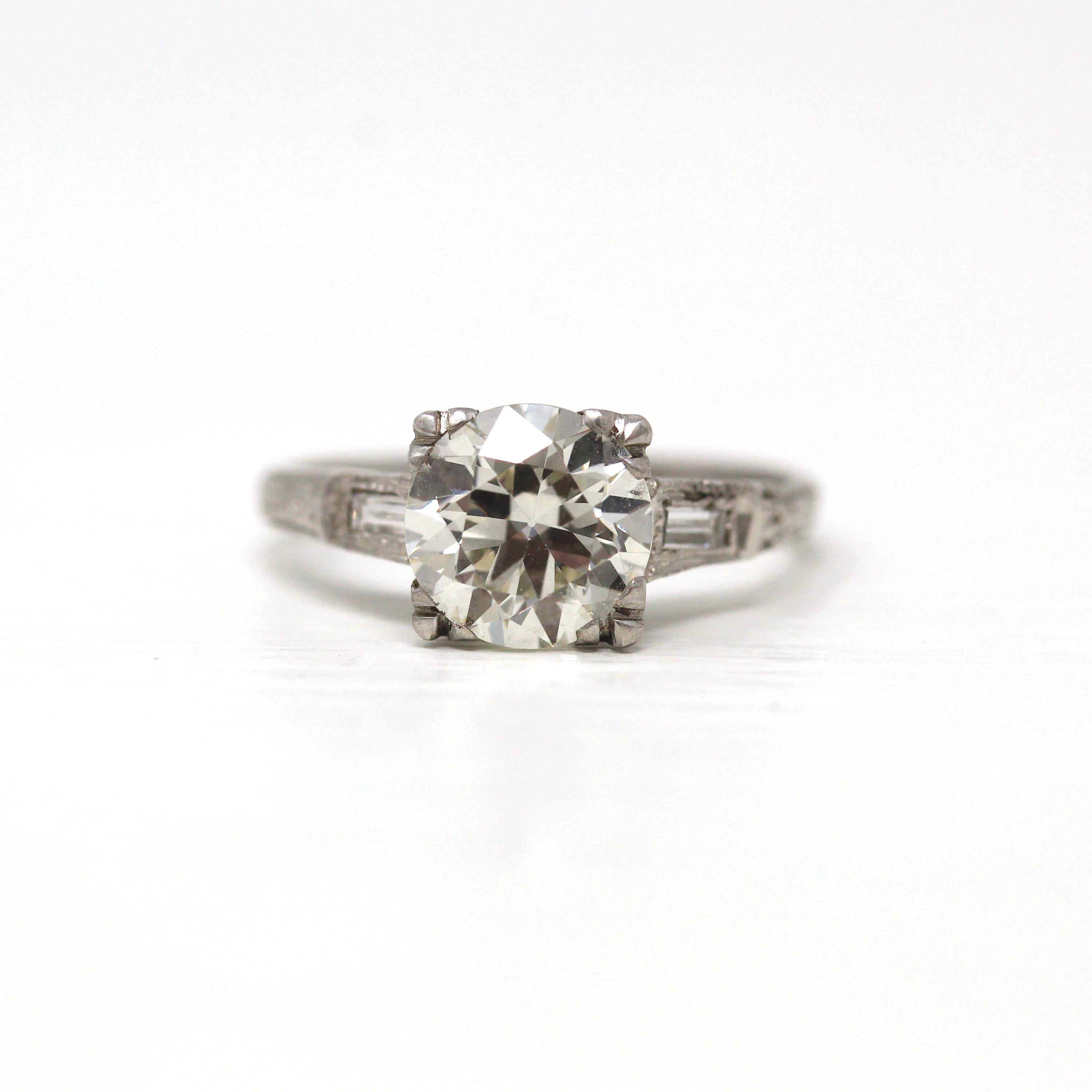 1.72 ct Diamond Engagement Ring - Circa 1950s Platinum Round Cut & Baguette Diamond - Size 5 Engraved Mid Century GIA Report Fine Jewelry