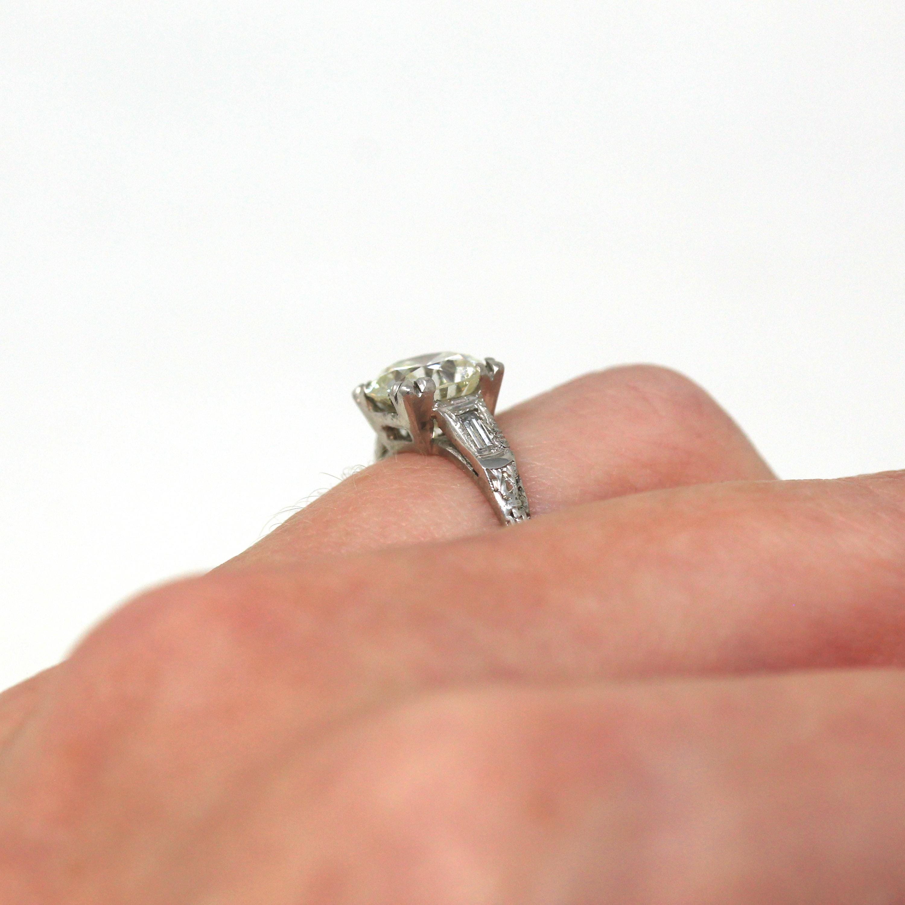 1.72 ct Diamond Engagement Ring - Circa 1950s Platinum Round Cut & Baguette Diamond - Size 5 Engraved Mid Century GIA Report Fine Jewelry