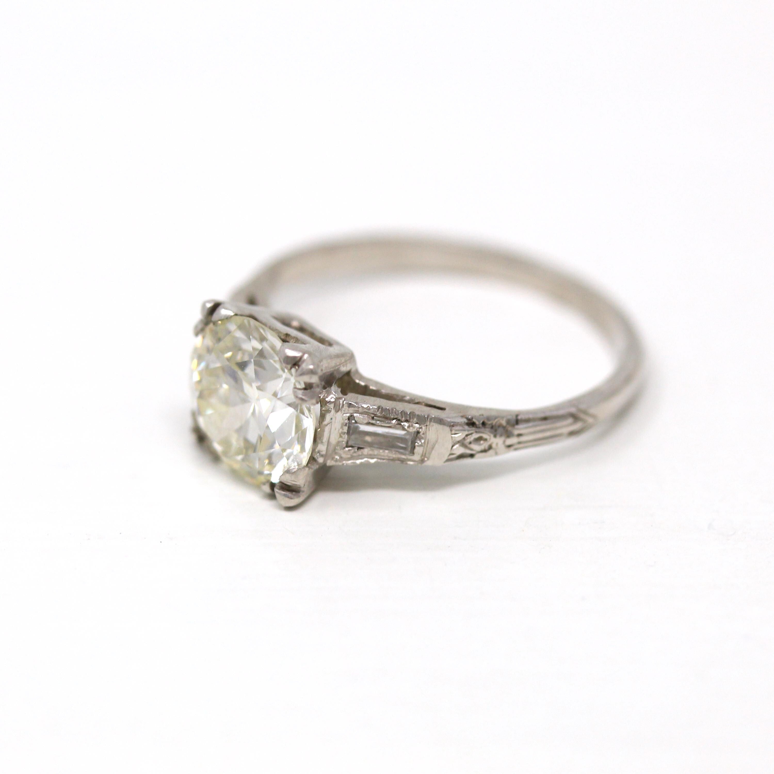1.72 ct Diamond Engagement Ring - Circa 1950s Platinum Round Cut & Baguette Diamond - Size 5 Engraved Mid Century GIA Report Fine Jewelry