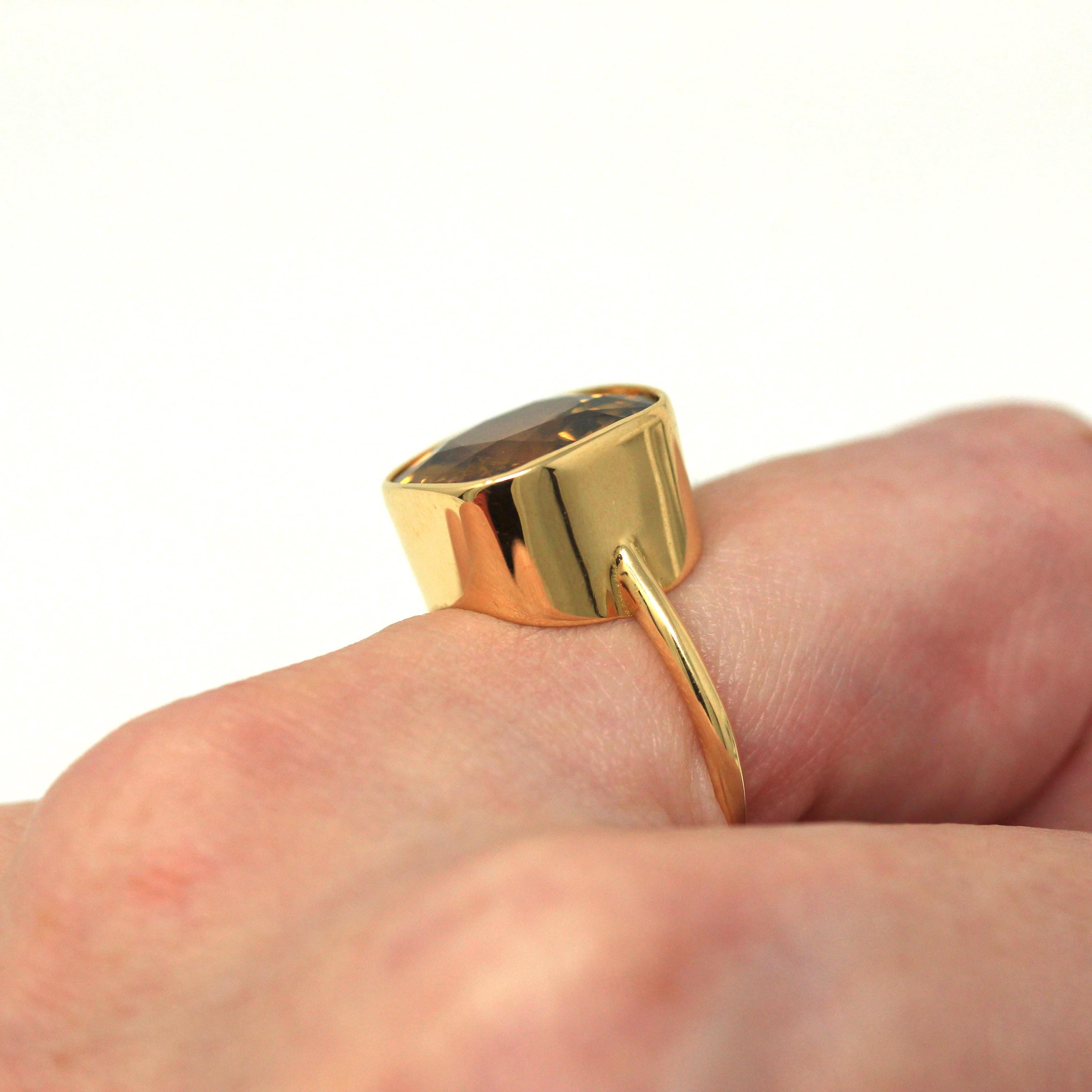 10.07 ct Gold Zircon Ring - 18k Yellow Gold Bezel Set Orange Brown Gemstone - Modern Size 6 Cushion Statement Fine Cocktail Fine Jewelry