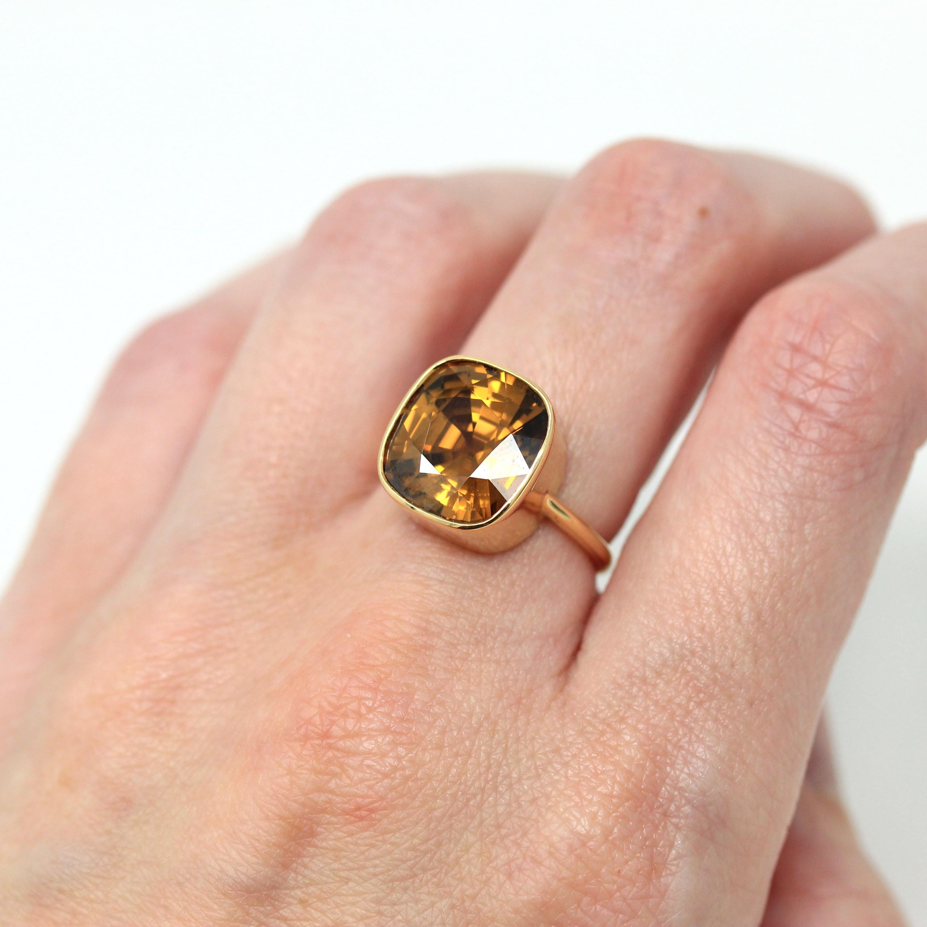 10.07 ct Gold Zircon Ring - 18k Yellow Gold Bezel Set Orange Brown Gemstone - Modern Size 6 Cushion Statement Fine Cocktail Fine Jewelry