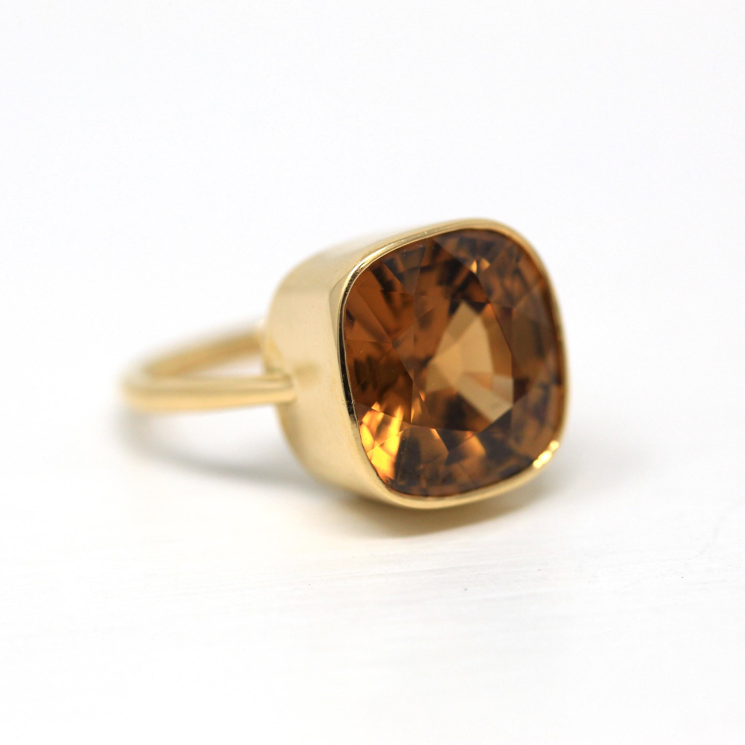 10.07 ct Gold Zircon Ring - 18k Yellow Gold Bezel Set Orange Brown Gemstone - Modern Size 6 Cushion Statement Fine Cocktail Fine Jewelry