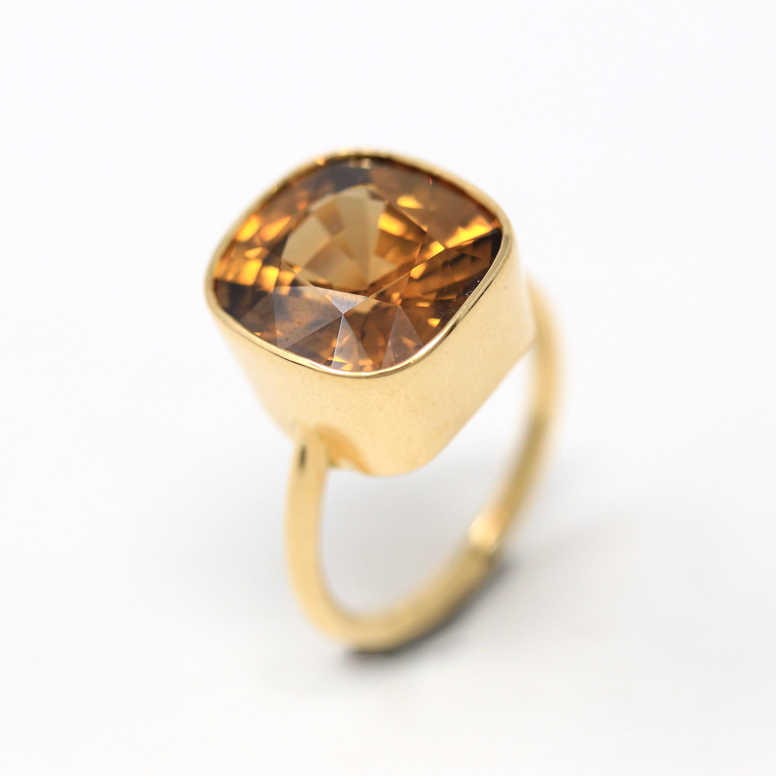 10.07 ct Gold Zircon Ring - 18k Yellow Gold Bezel Set Orange Brown Gemstone - Modern Size 6 Cushion Statement Fine Cocktail Fine Jewelry
