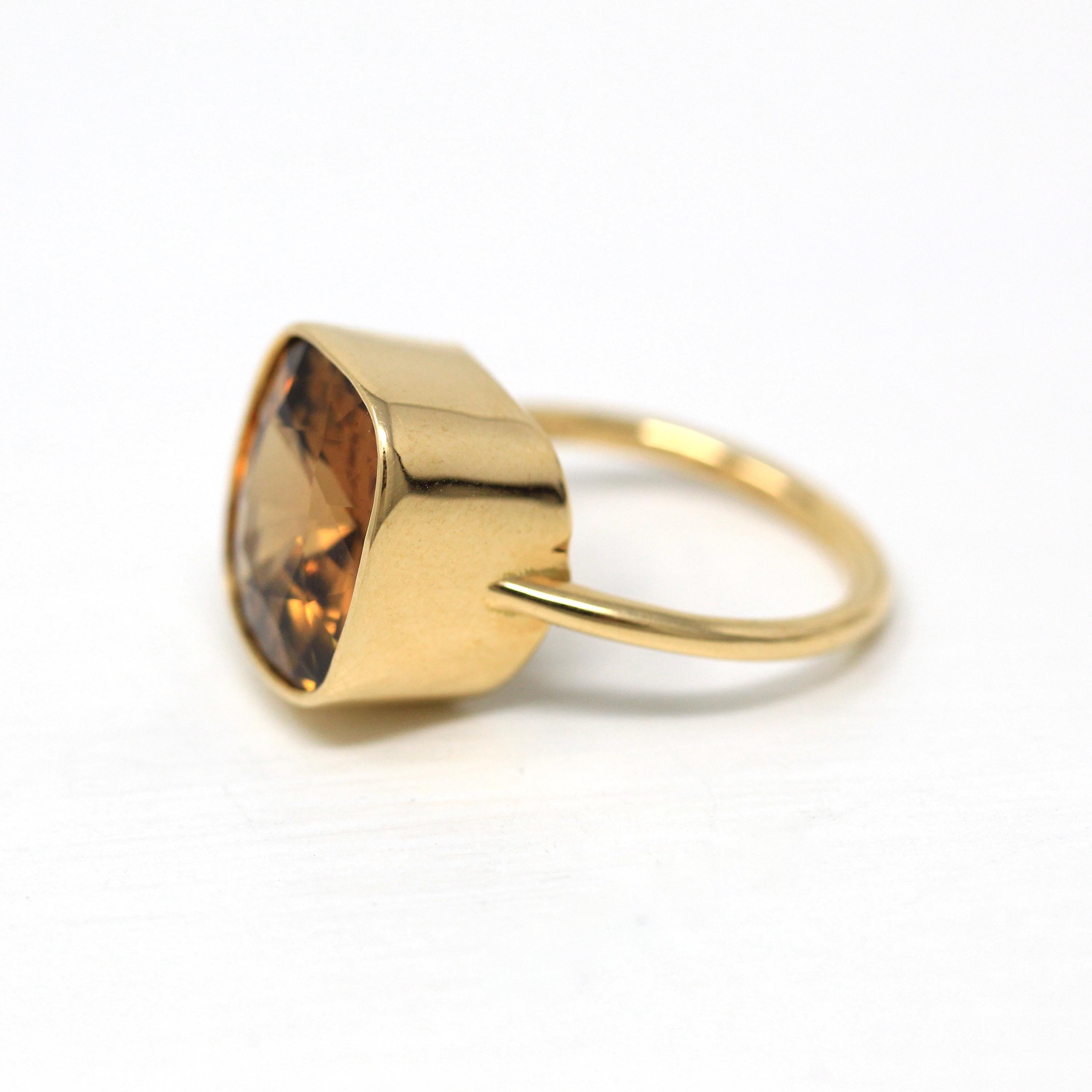 10.07 ct Gold Zircon Ring - 18k Yellow Gold Bezel Set Orange Brown Gemstone - Modern Size 6 Cushion Statement Fine Cocktail Fine Jewelry