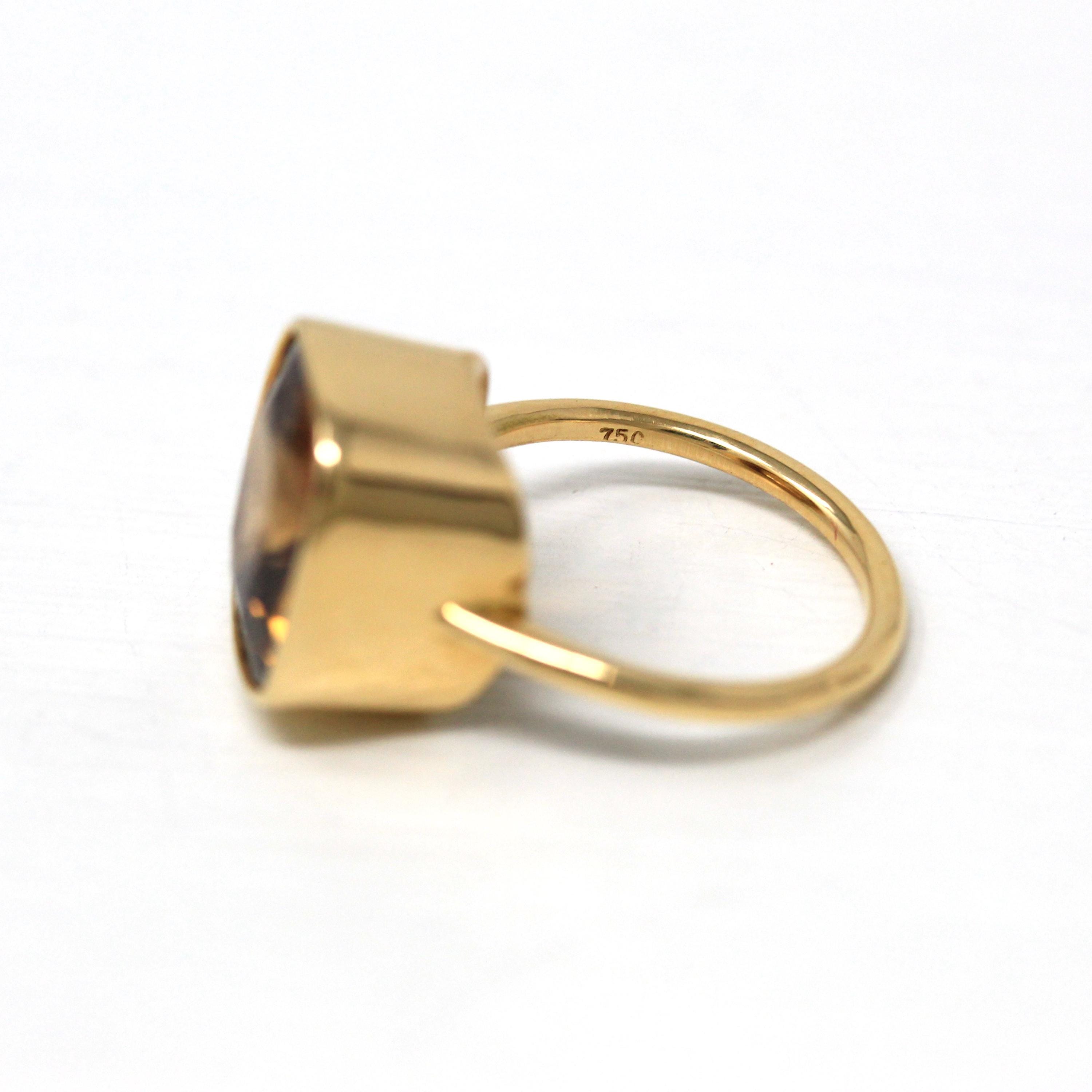 10.07 ct Gold Zircon Ring - 18k Yellow Gold Bezel Set Orange Brown Gemstone - Modern Size 6 Cushion Statement Fine Cocktail Fine Jewelry