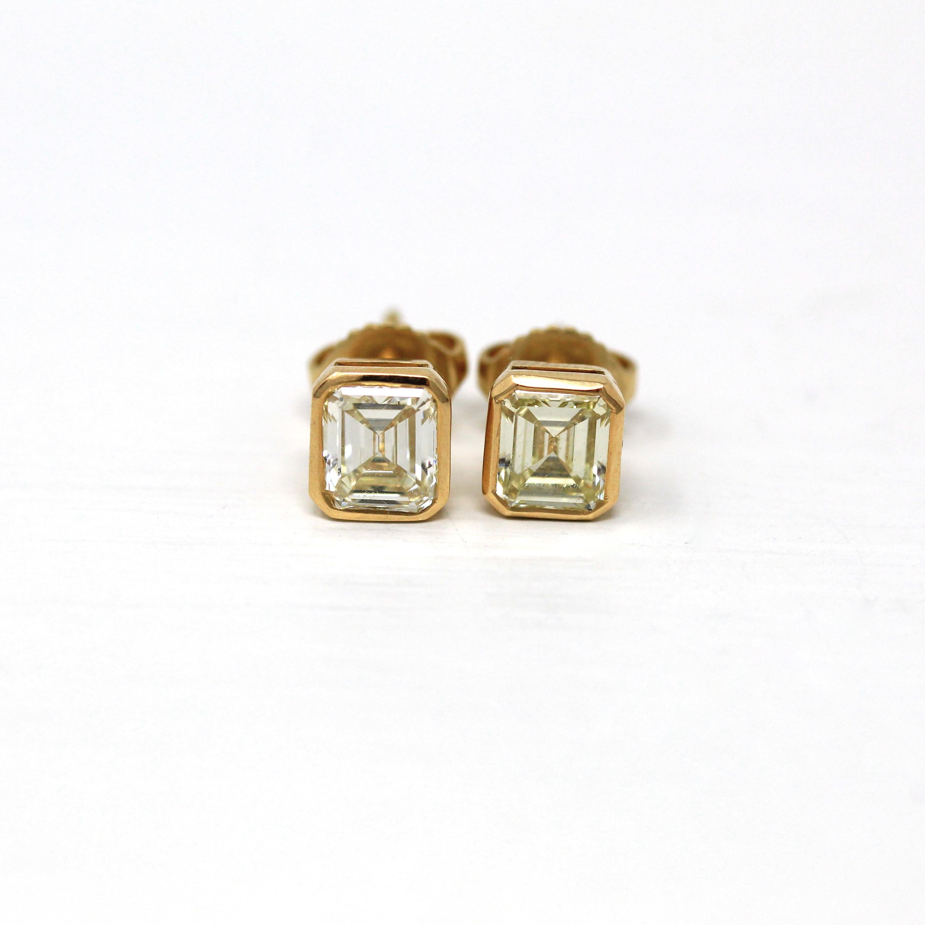 Genuine Diamond Earrings - Modern 18k Yellow Gold 1.59 CTW Gemstones Pierced Posts Studs - Bezel Set Emerald Cut Light Yellow Fine Jewelry