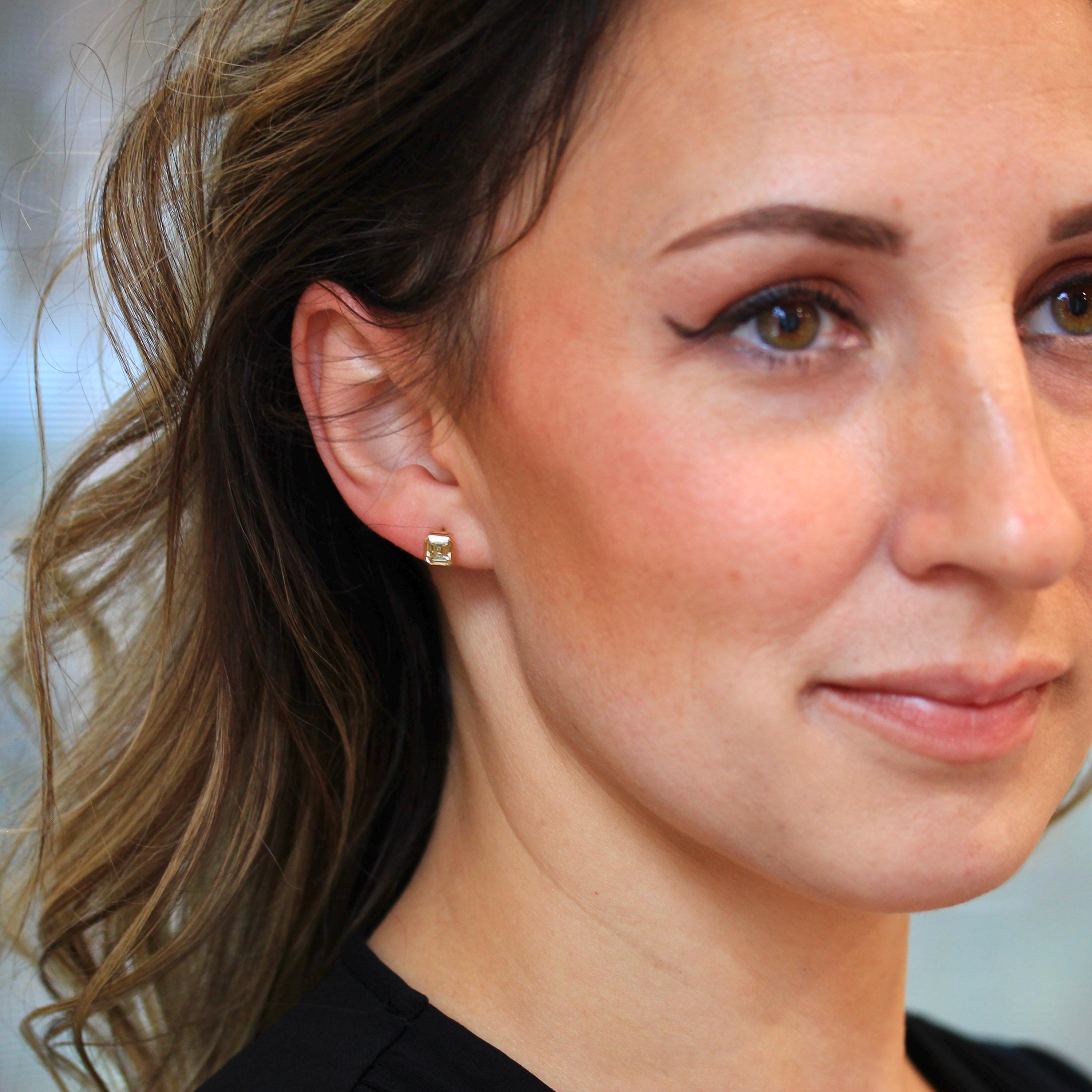 Genuine Diamond Earrings - Modern 18k Yellow Gold 1.59 CTW Gemstones Pierced Posts Studs - Bezel Set Emerald Cut Light Yellow Fine Jewelry