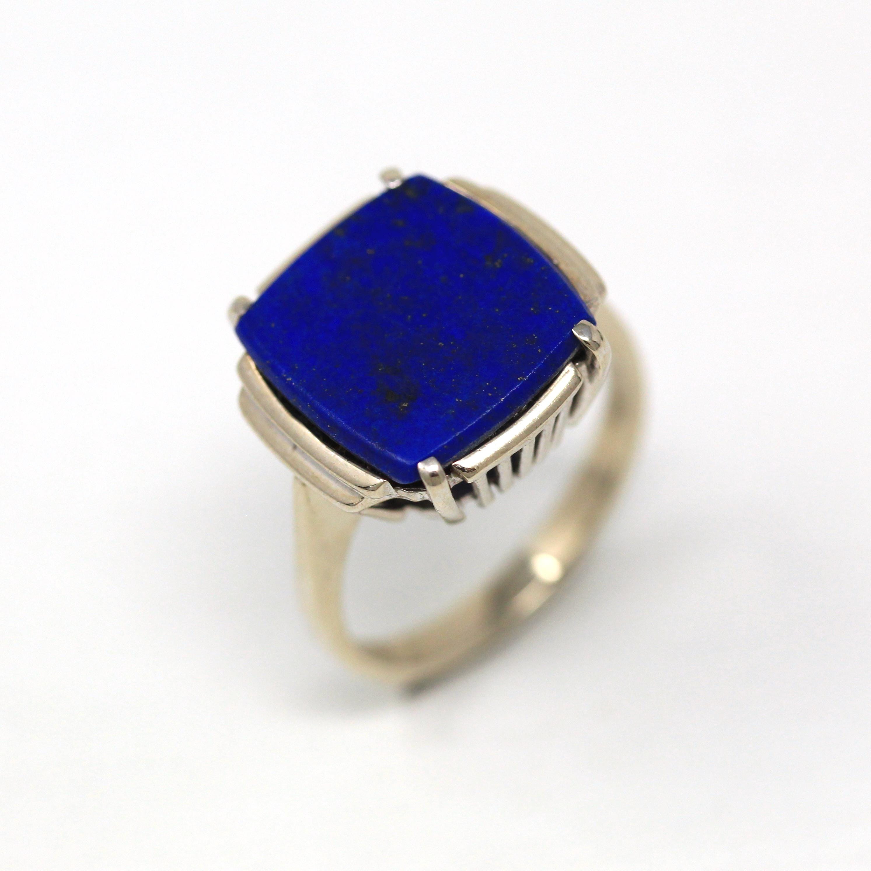 Genuine Lapis Lazuli Ring - Vintage 14k White Gold Fancy Cut Flat Blue Gem Pyrite Statement - Circa 1970s Size 6 1/4 Gemstone Fine Jewelry