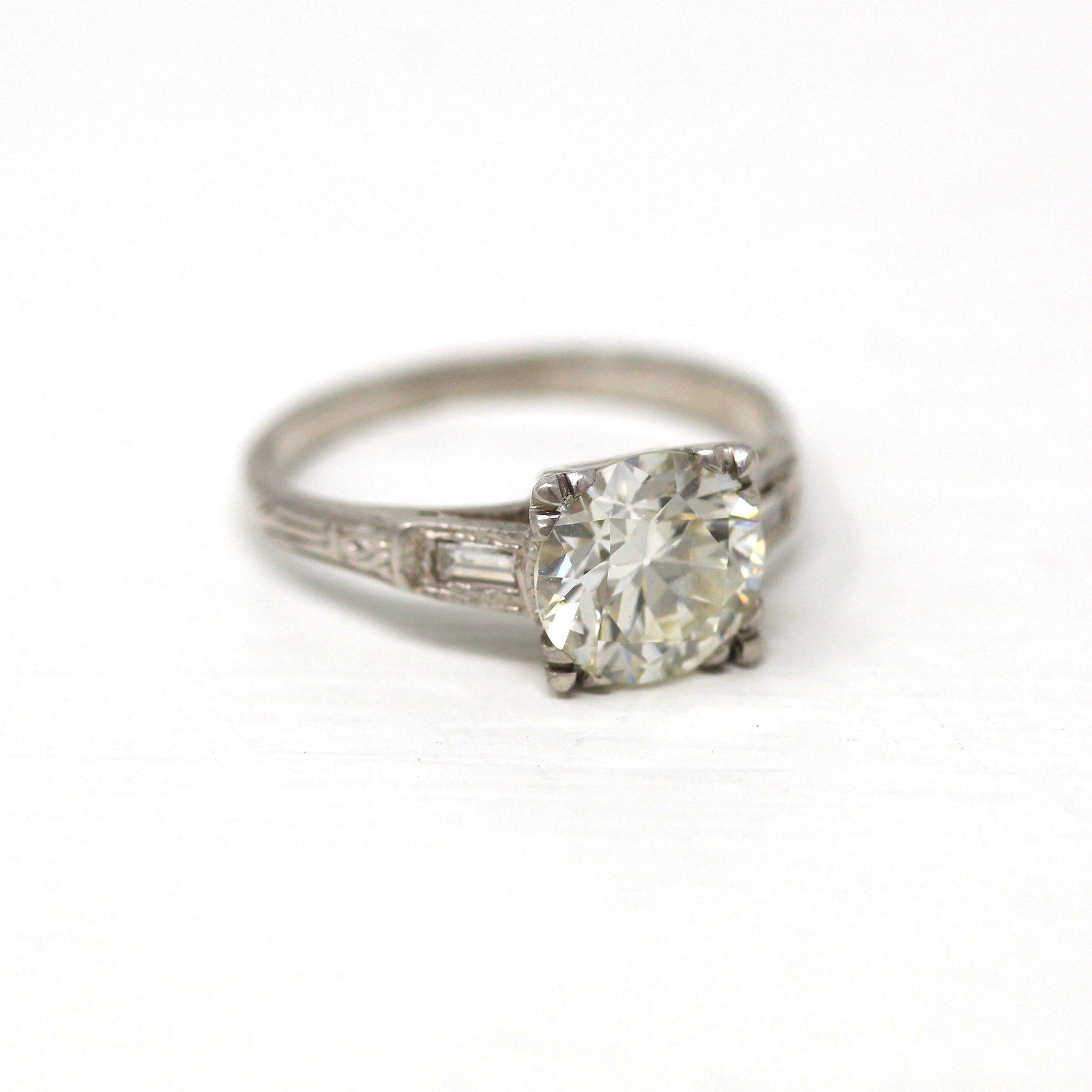 1.72 ct Diamond Engagement Ring - Circa 1950s Platinum Round Cut & Baguette Diamond - Size 5 Engraved Mid Century GIA Report Fine Jewelry
