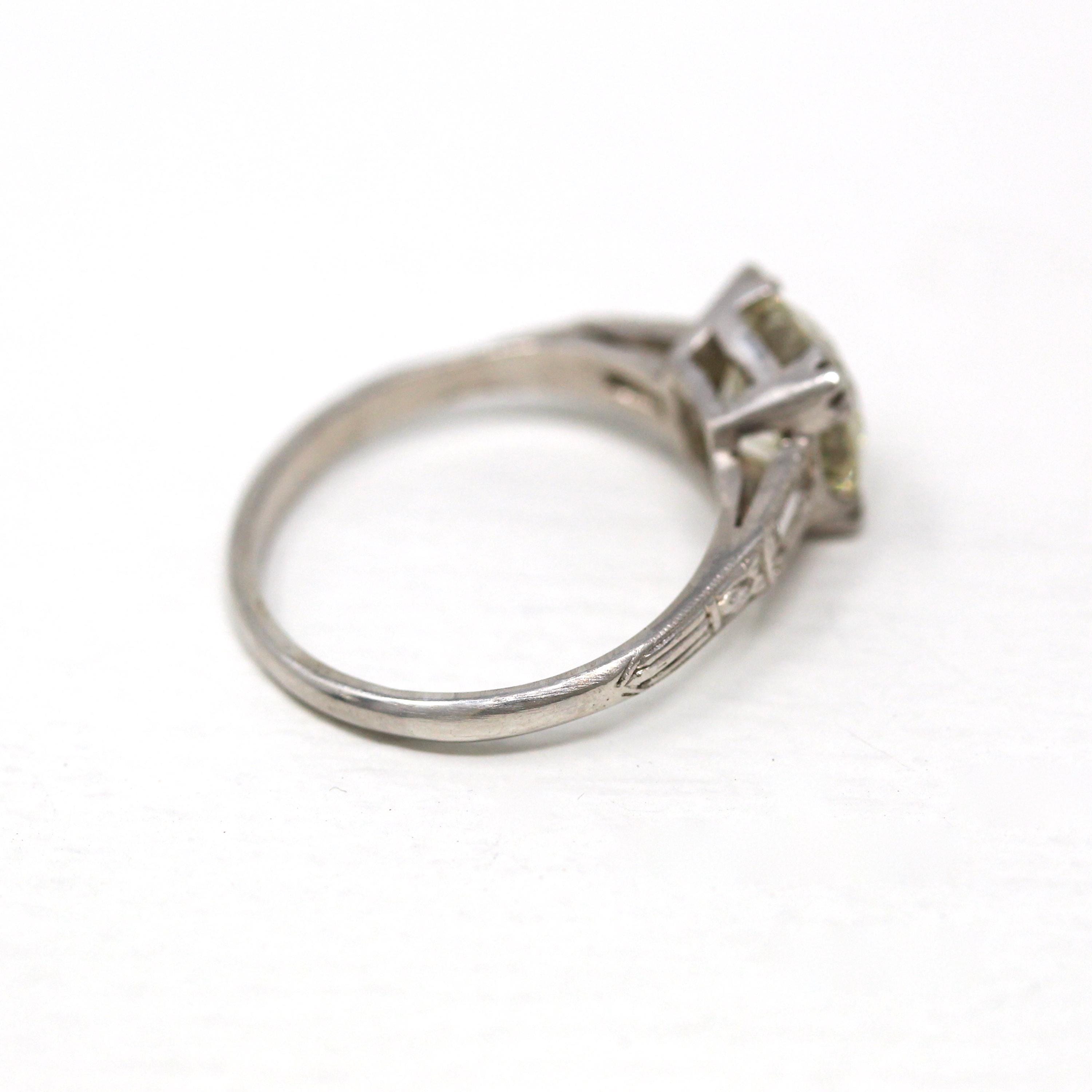 1.72 ct Diamond Engagement Ring - Circa 1950s Platinum Round Cut & Baguette Diamond - Size 5 Engraved Mid Century GIA Report Fine Jewelry