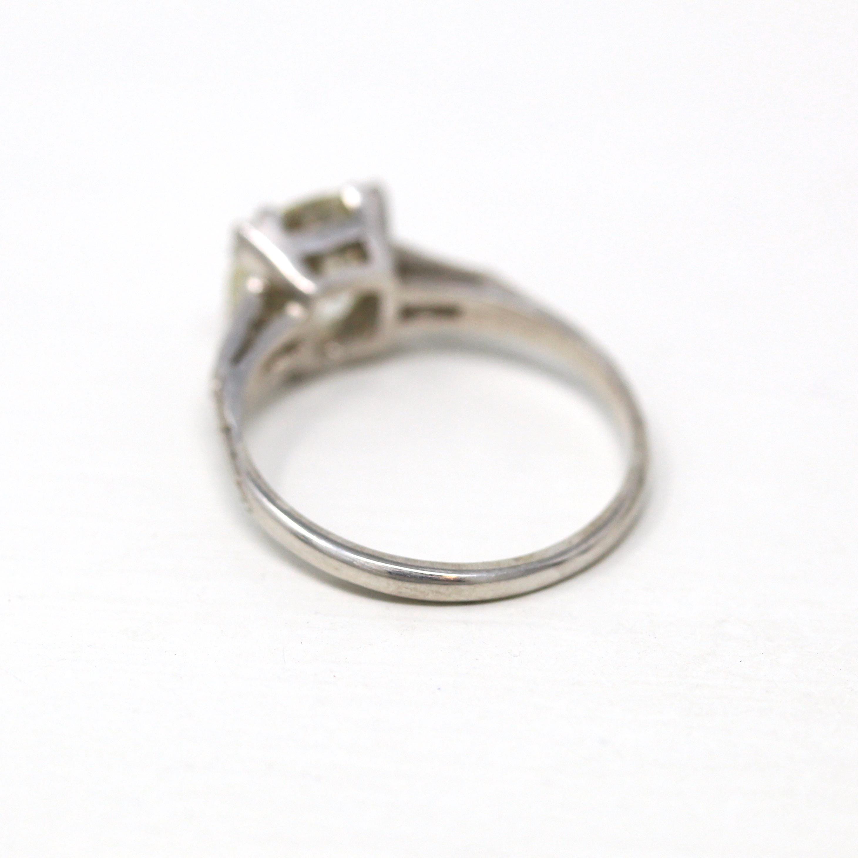 1.72 ct Diamond Engagement Ring - Circa 1950s Platinum Round Cut & Baguette Diamond - Size 5 Engraved Mid Century GIA Report Fine Jewelry