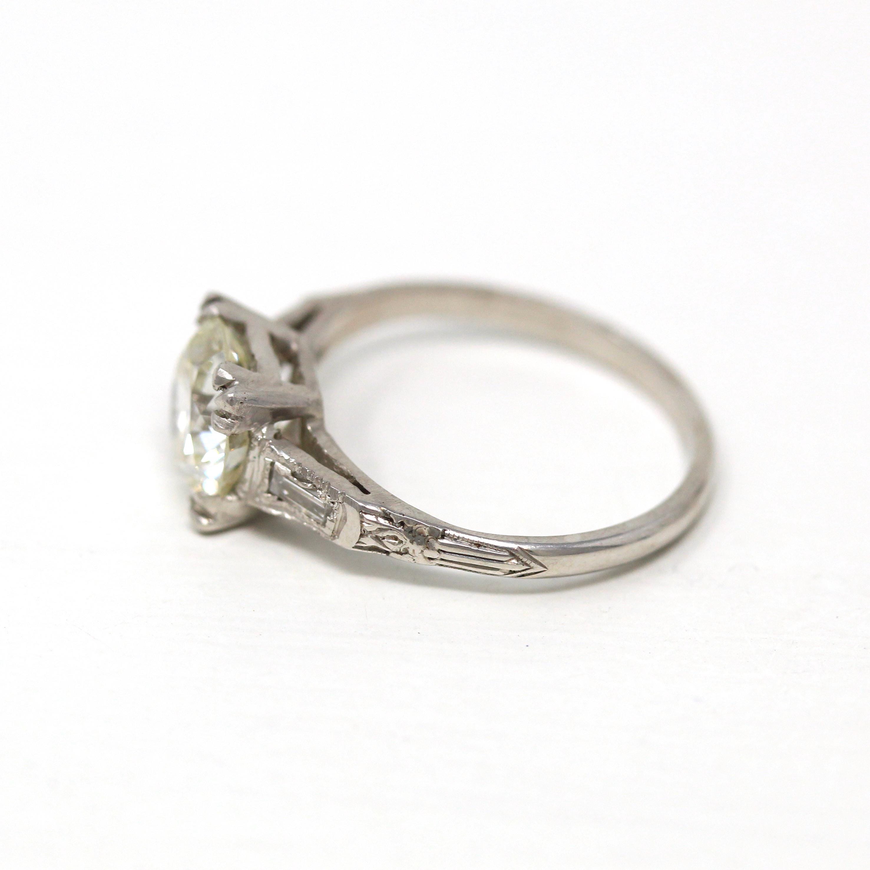 1.72 ct Diamond Engagement Ring - Circa 1950s Platinum Round Cut & Baguette Diamond - Size 5 Engraved Mid Century GIA Report Fine Jewelry