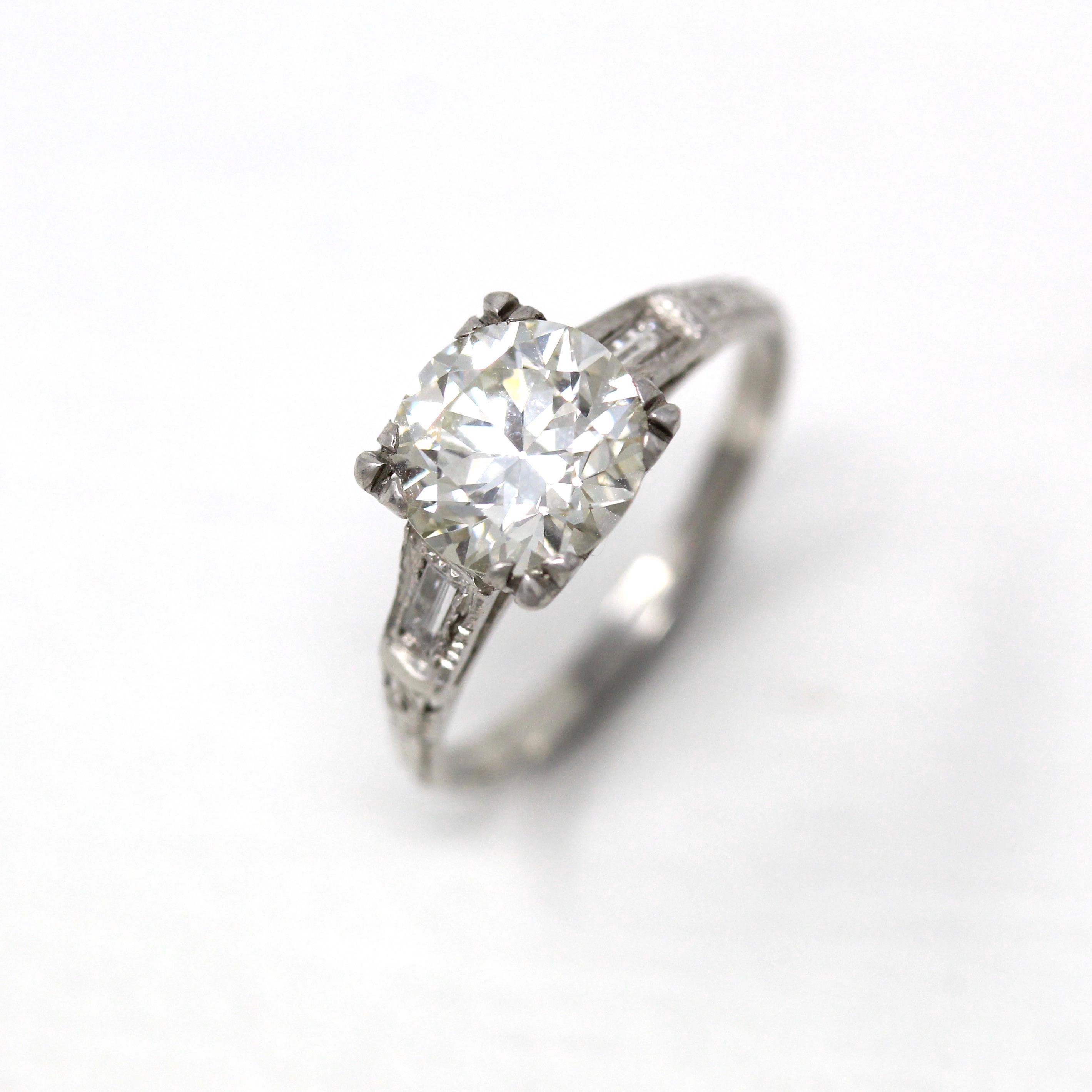 1.72 ct Diamond Engagement Ring - Circa 1950s Platinum Round Cut & Baguette Diamond - Size 5 Engraved Mid Century GIA Report Fine Jewelry