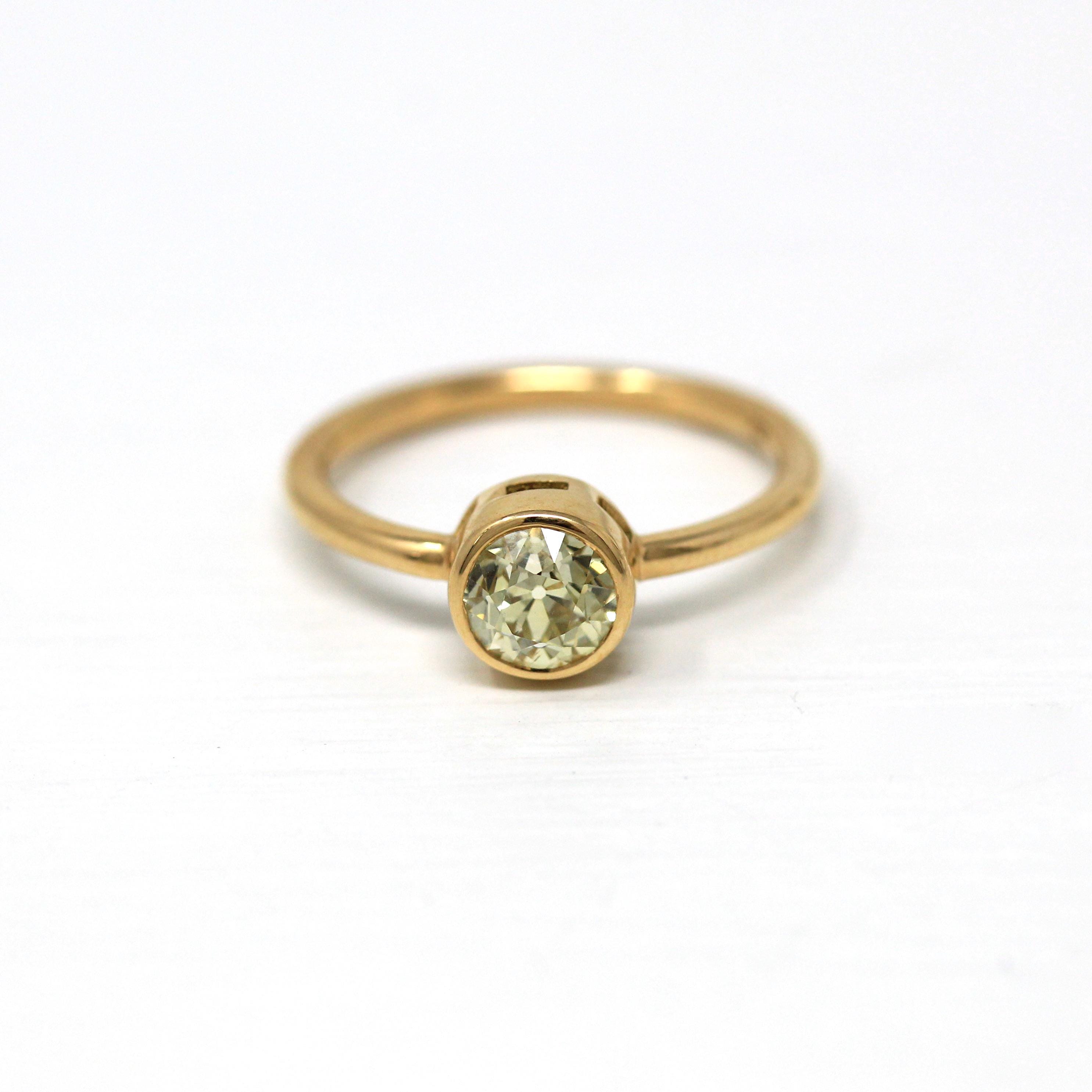 Vintage .97 ct Old European Cut Diamond Engagement Ring - 18k Yellow Gold Bezel Set Fancy Light Yellow Gem - Size 6 GIA Report Fine Jewelry