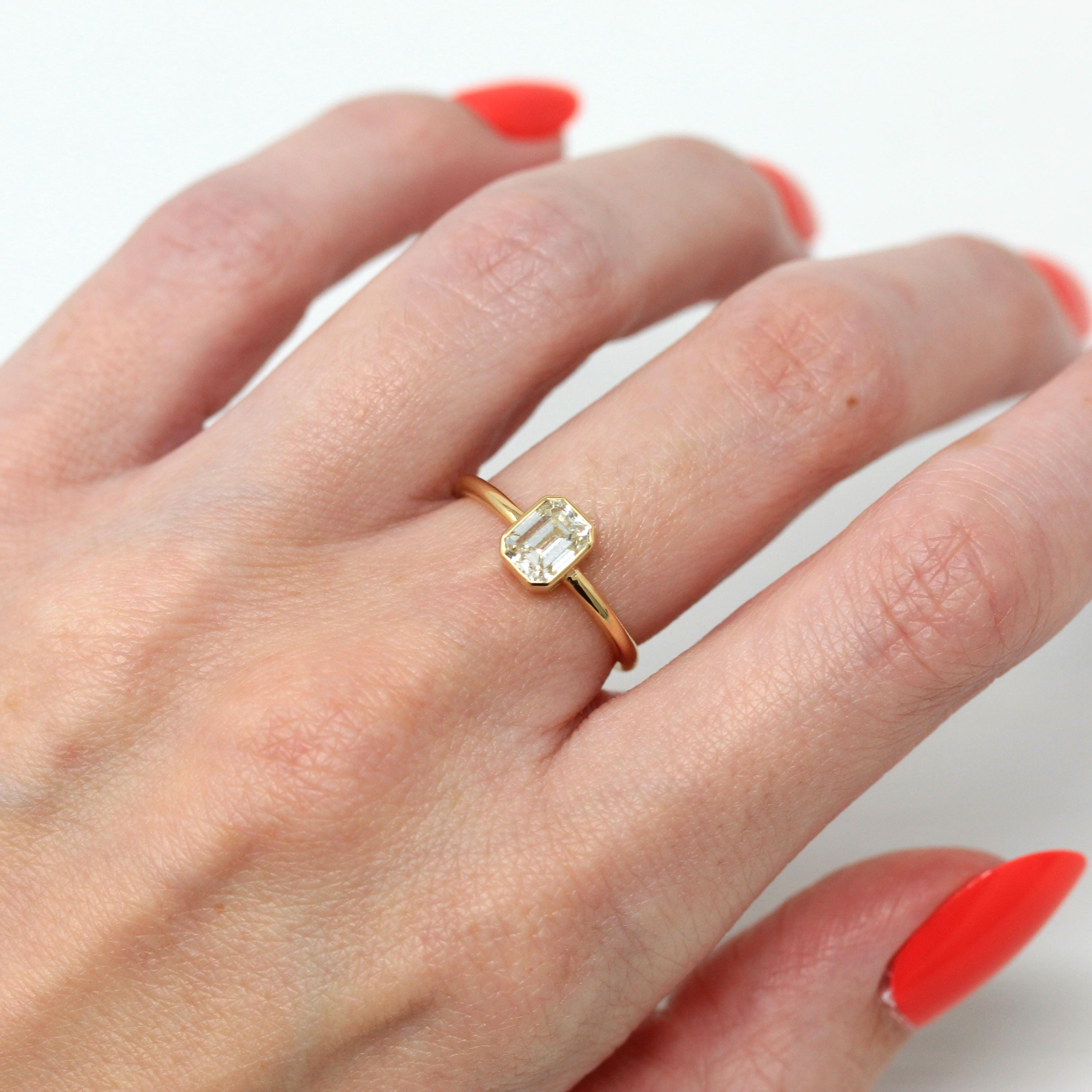 1.15 ct Emerald Cut Diamond Engagement Ring - 18k Yellow Gold Bezel Set Vintage Recycled Gem - Size 6 1/4 Fine Bridal Classic Fine Jewelry