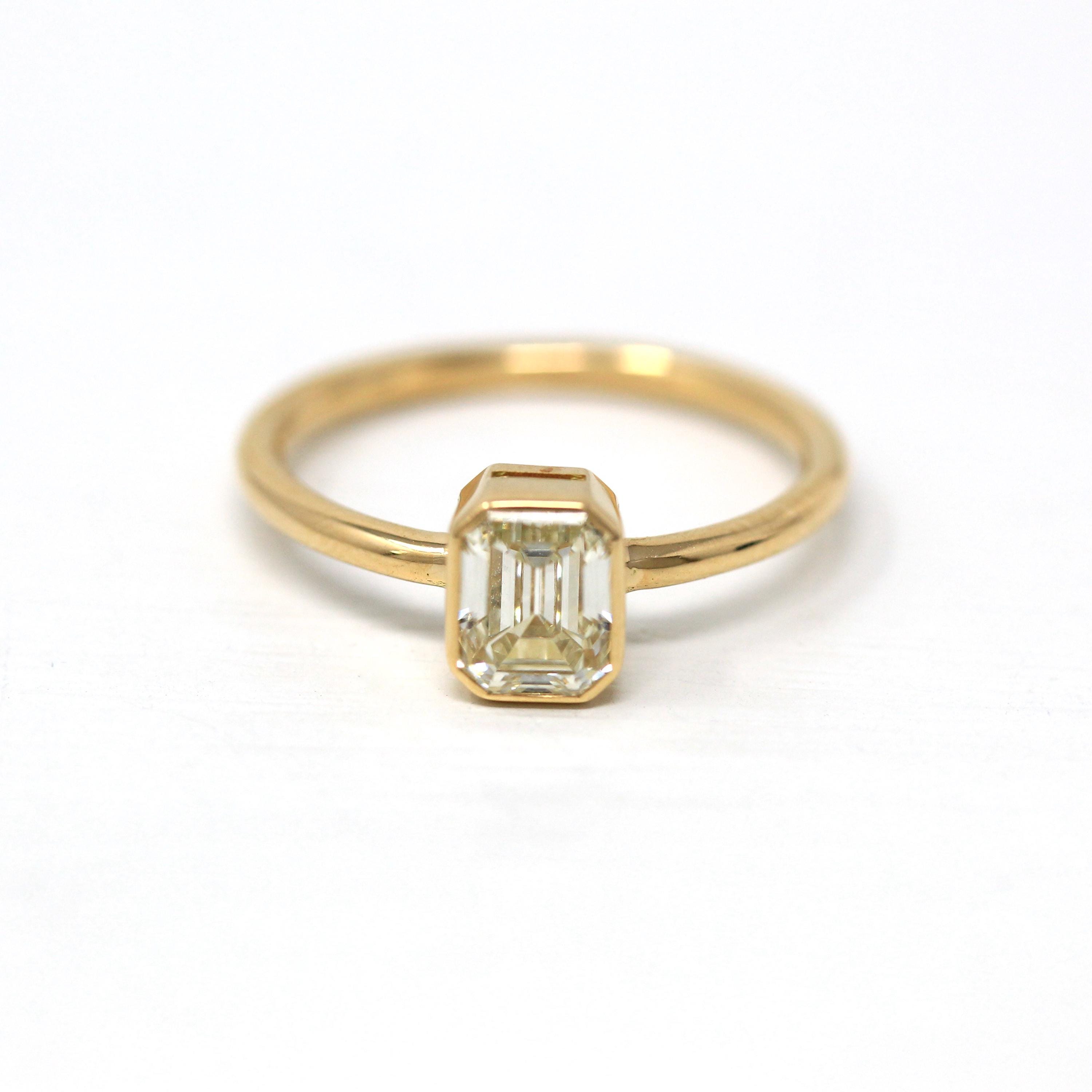1.15 ct Emerald Cut Diamond Engagement Ring - 18k Yellow Gold Bezel Set Vintage Recycled Gem - Size 6 1/4 Fine Bridal Classic Fine Jewelry