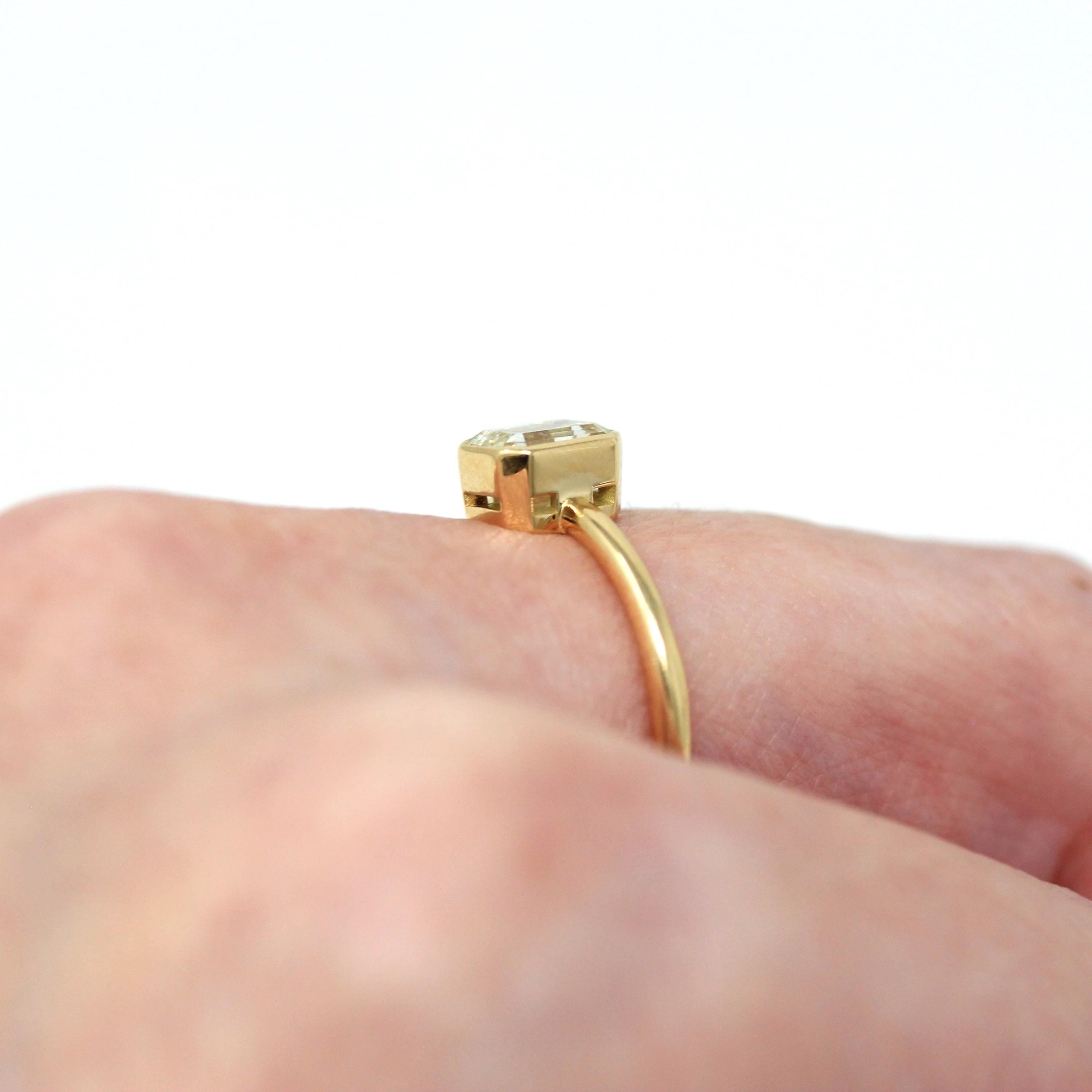 1.15 ct Emerald Cut Diamond Engagement Ring - 18k Yellow Gold Bezel Set Vintage Recycled Gem - Size 6 1/4 Fine Bridal Classic Fine Jewelry