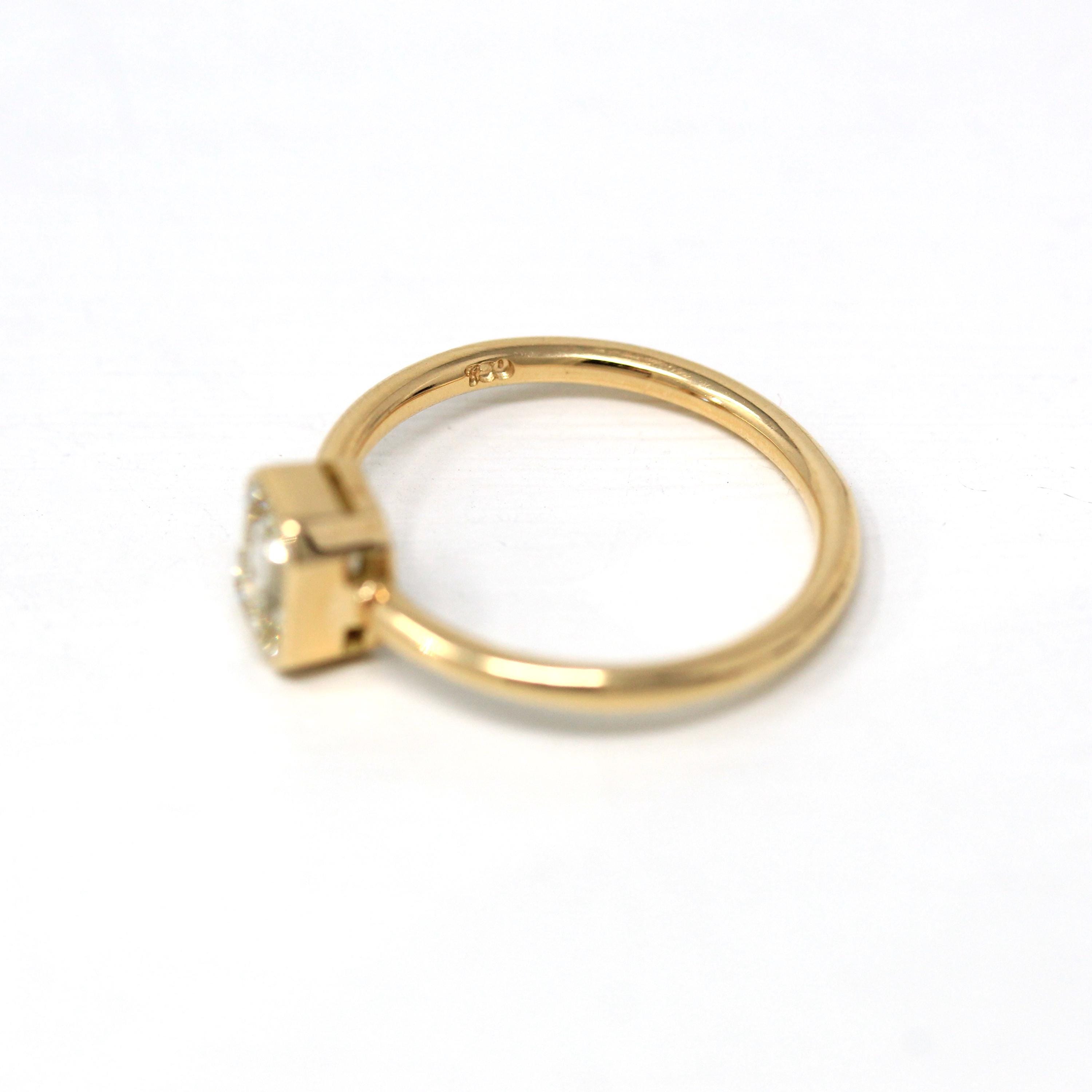 1.15 ct Emerald Cut Diamond Engagement Ring - 18k Yellow Gold Bezel Set Vintage Recycled Gem - Size 6 1/4 Fine Bridal Classic Fine Jewelry