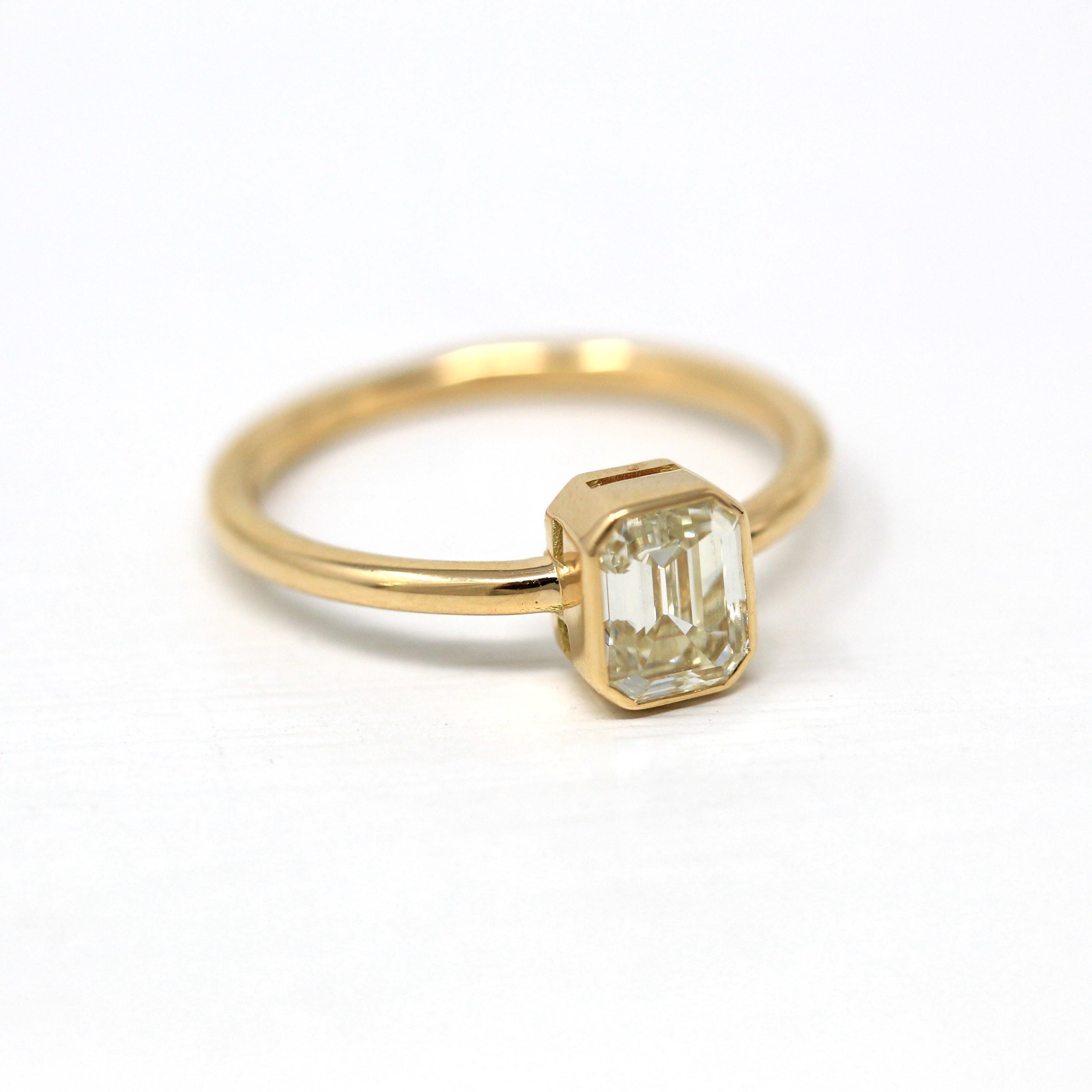 1.15 ct Emerald Cut Diamond Engagement Ring - 18k Yellow Gold Bezel Set Vintage Recycled Gem - Size 6 1/4 Fine Bridal Classic Fine Jewelry