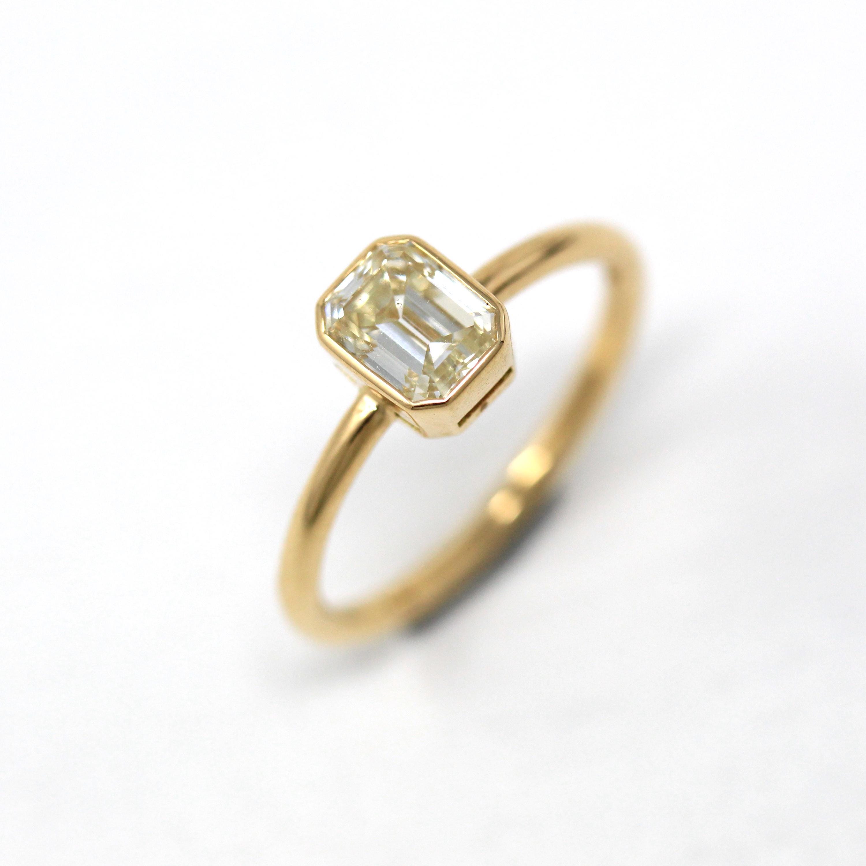 1.15 ct Emerald Cut Diamond Engagement Ring - 18k Yellow Gold Bezel Set Vintage Recycled Gem - Size 6 1/4 Fine Bridal Classic Fine Jewelry