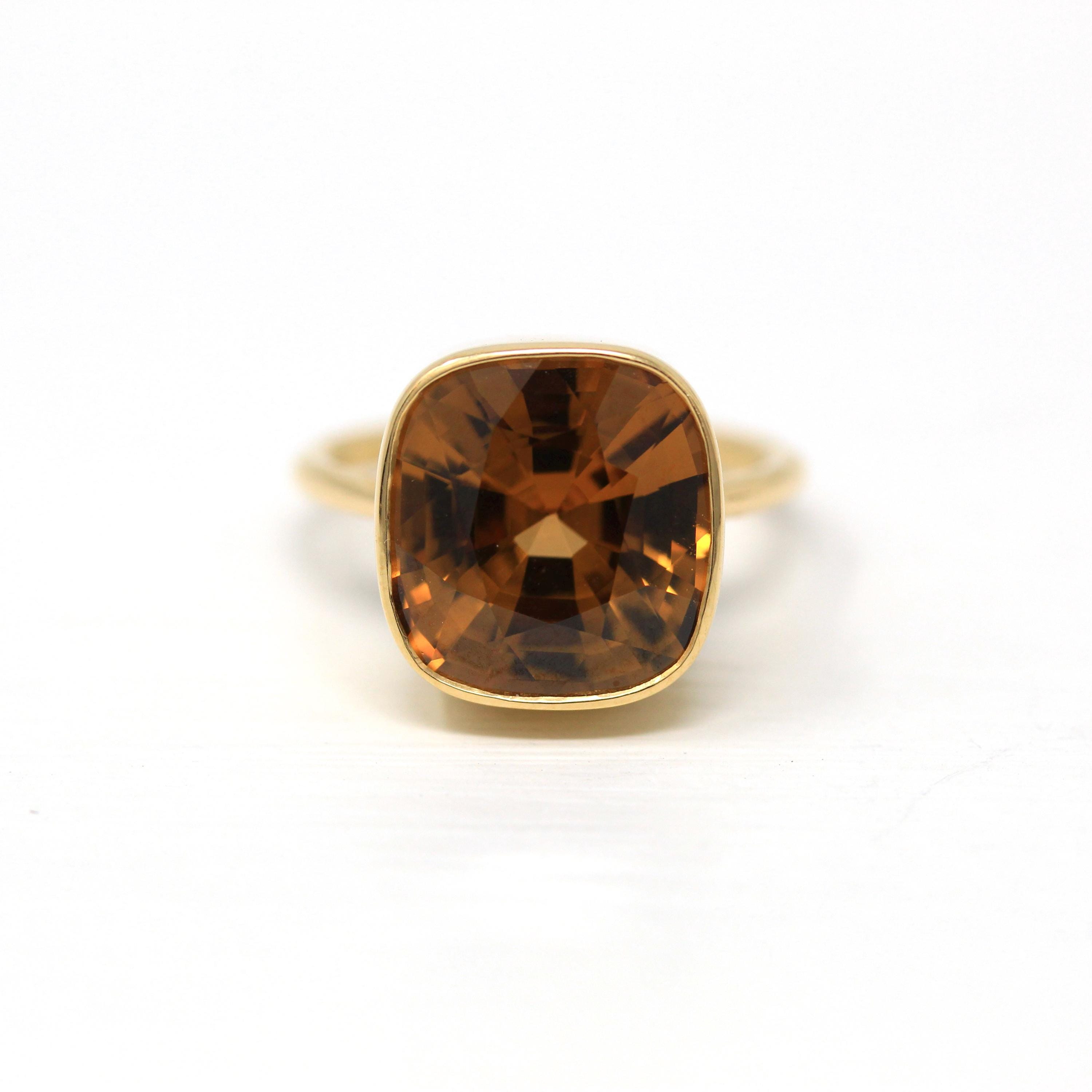 10.07 ct Gold Zircon Ring - 18k Yellow Gold Bezel Set Orange Brown Gemstone - Modern Size 6 Cushion Statement Fine Cocktail Fine Jewelry