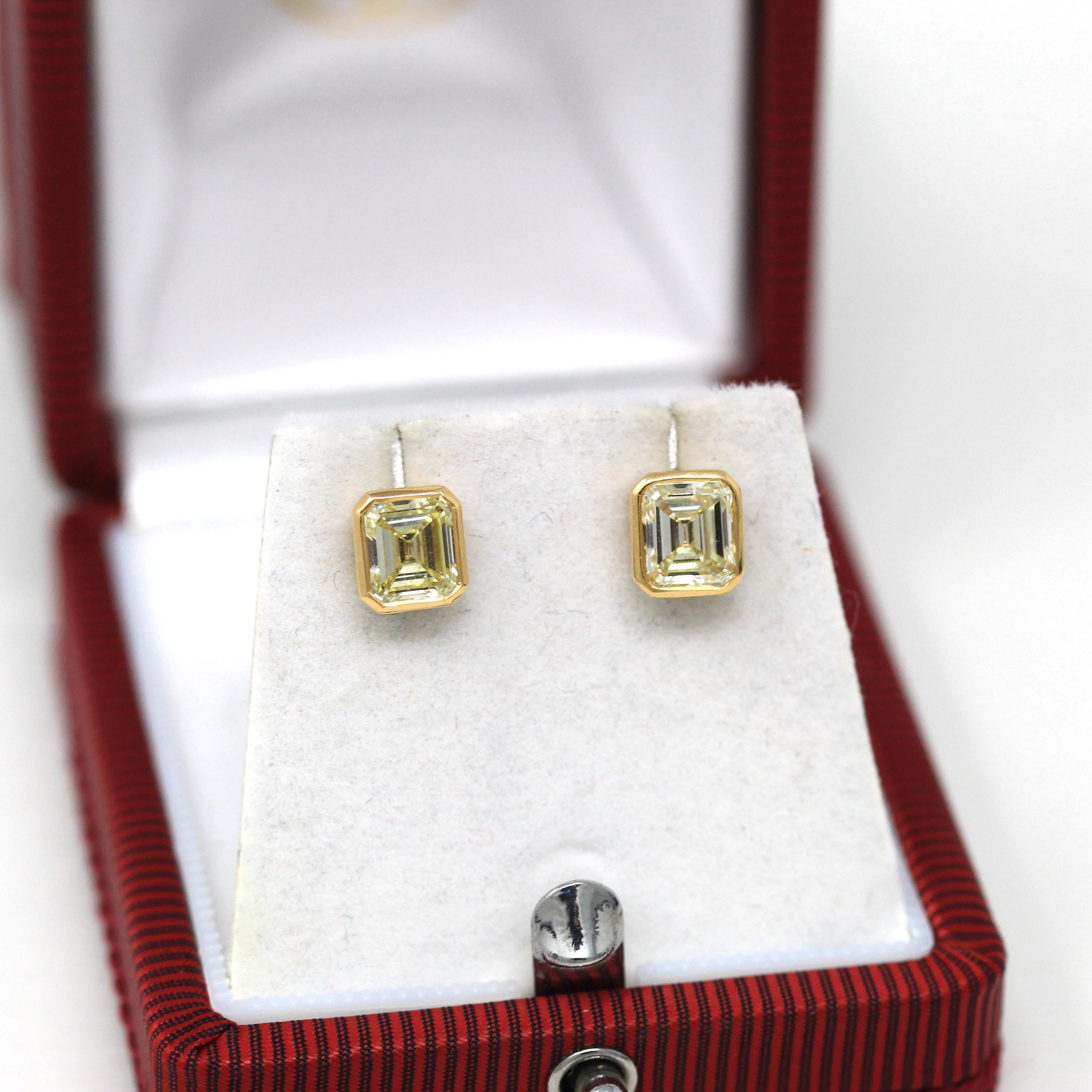 Genuine Diamond Earrings - Modern 18k Yellow Gold 1.59 CTW Gemstones Pierced Posts Studs - Bezel Set Emerald Cut Light Yellow Fine Jewelry