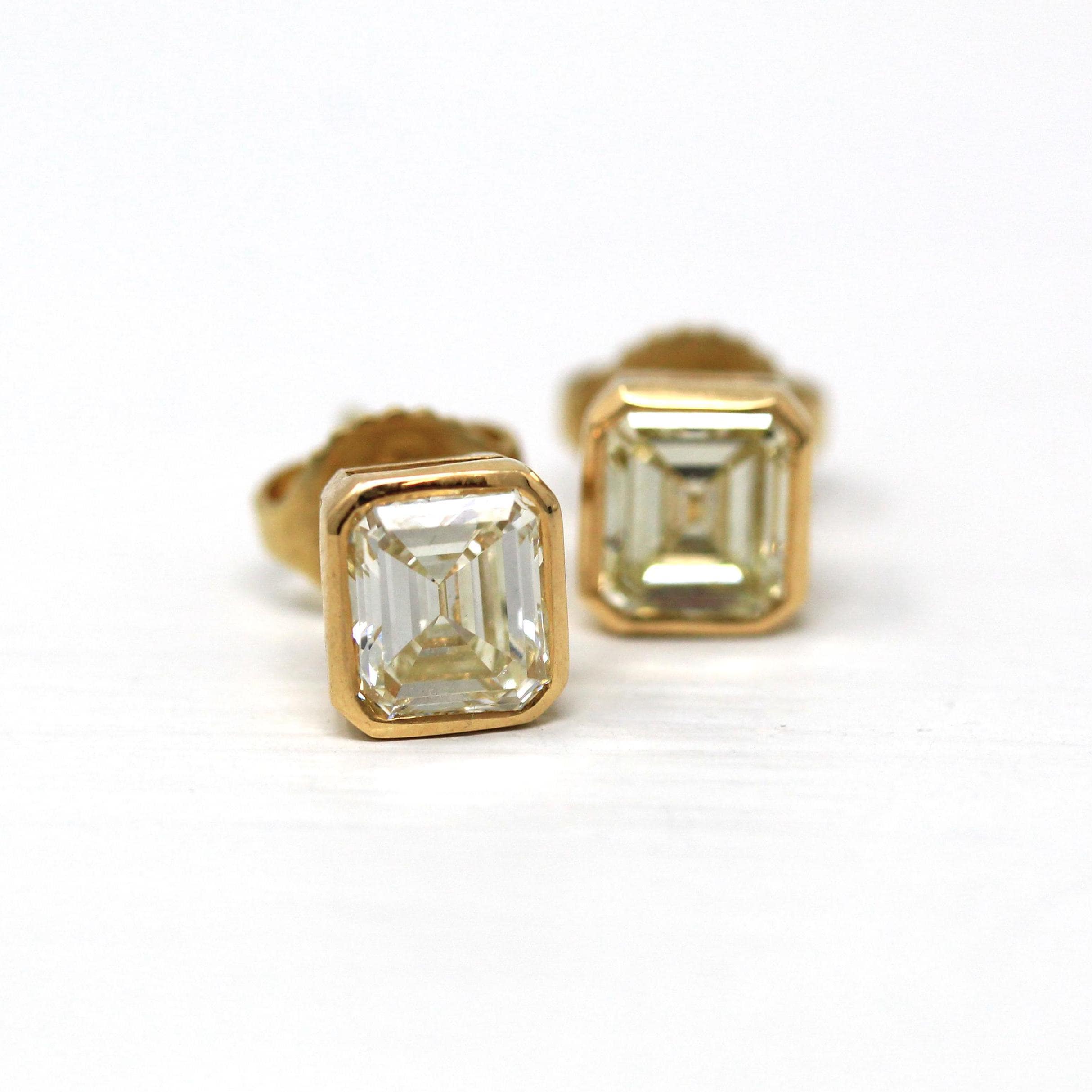 Genuine Diamond Earrings - Modern 18k Yellow Gold 1.59 CTW Gemstones Pierced Posts Studs - Bezel Set Emerald Cut Light Yellow Fine Jewelry
