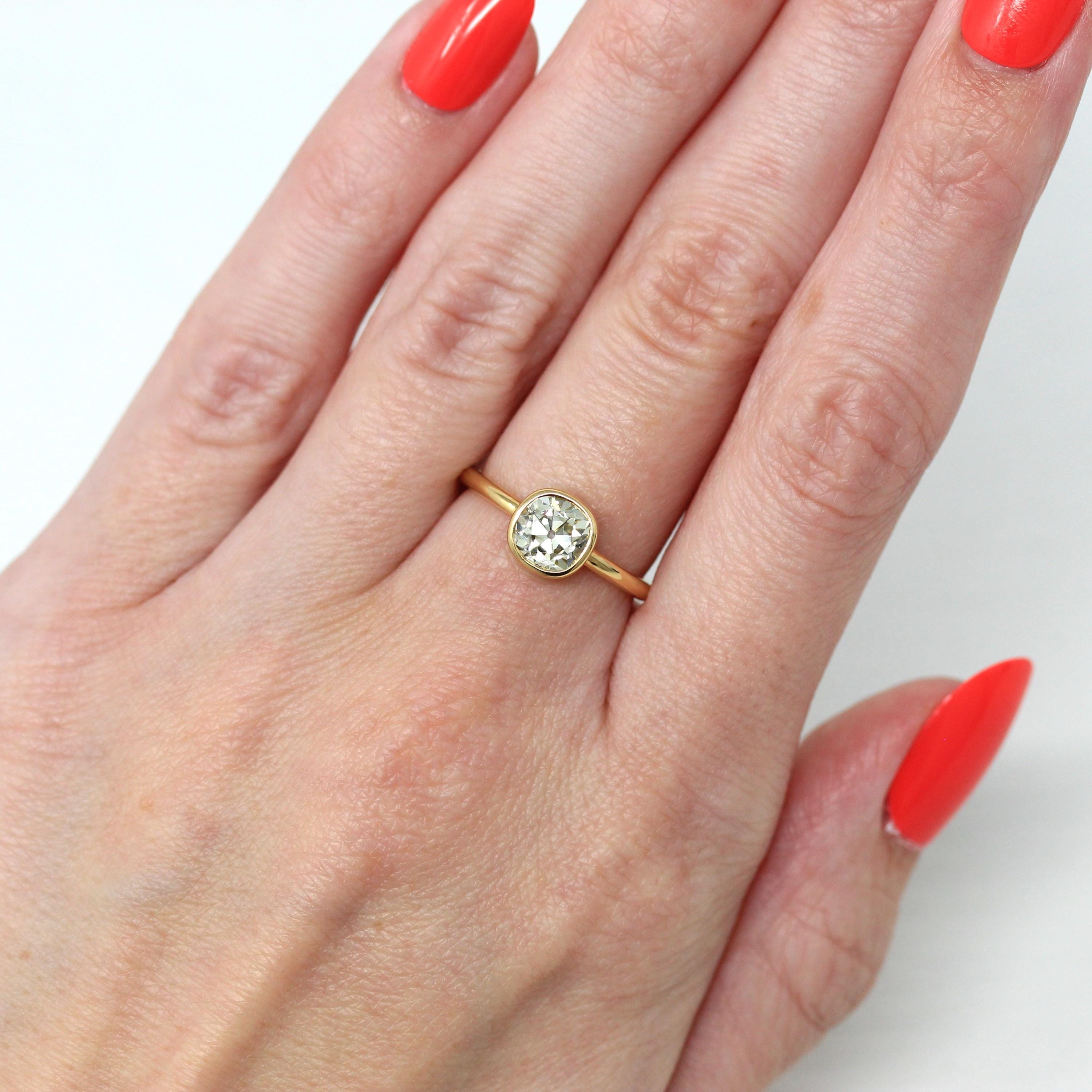 Antique 1.22 ct Old Mine Cut Diamond Engagement Ring - 18k Yellow Gold Bezel Set Vintage Cushion Cut Gem - Size 6.25 Fine Jewelry w/ Report