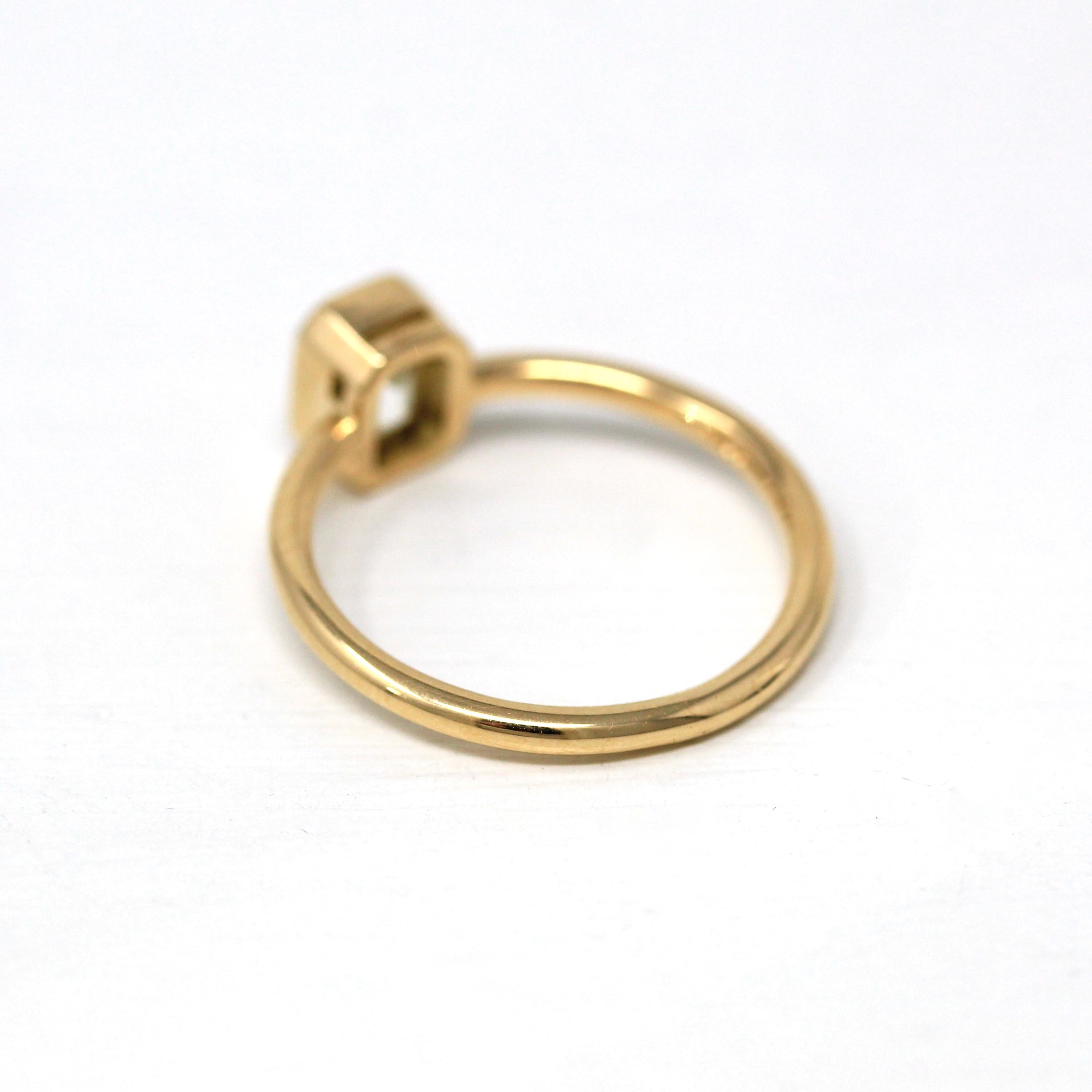 1.15 ct Emerald Cut Diamond Engagement Ring - 18k Yellow Gold Bezel Set Vintage Recycled Gem - Size 6 1/4 Fine Bridal Classic Fine Jewelry