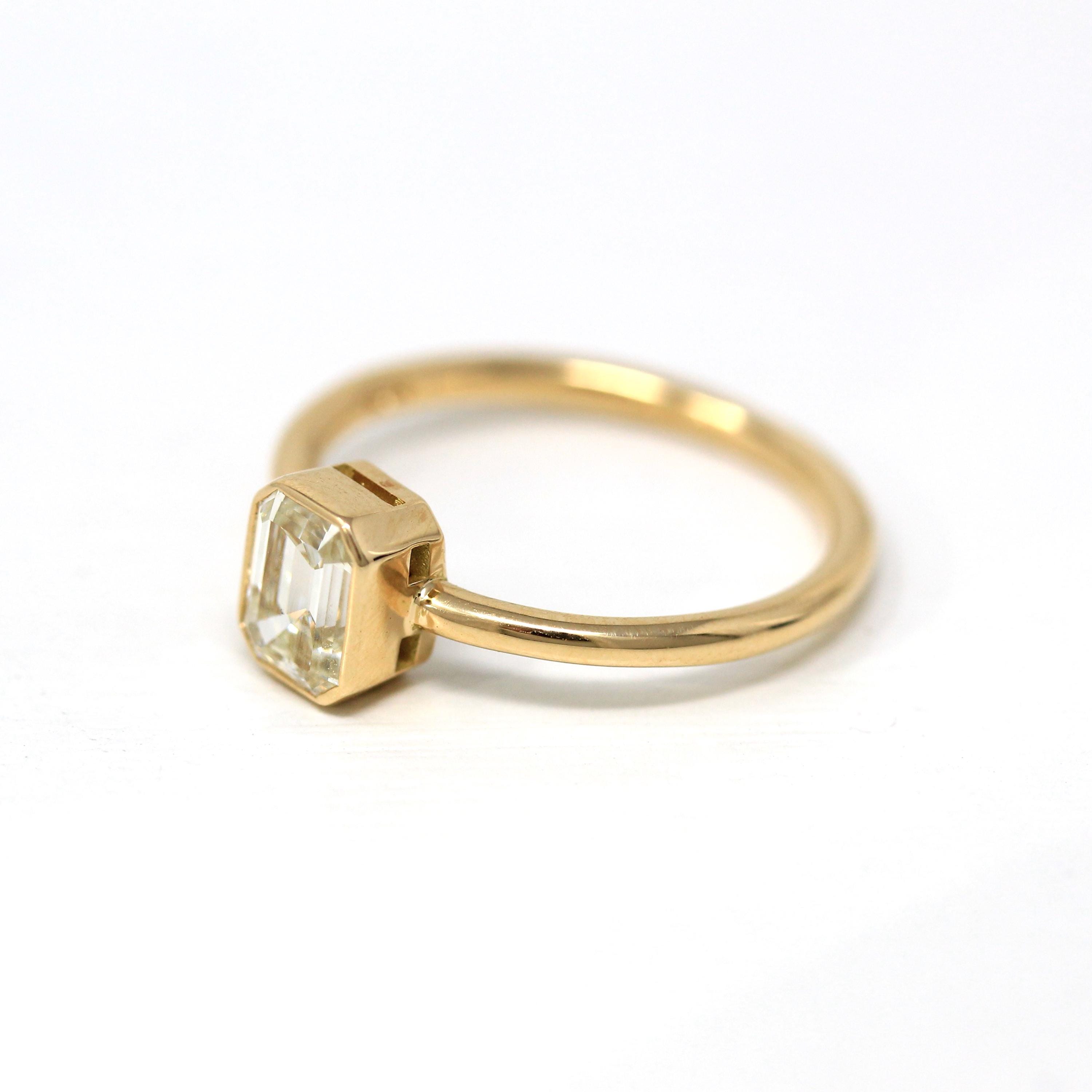 1.15 ct Emerald Cut Diamond Engagement Ring - 18k Yellow Gold Bezel Set Vintage Recycled Gem - Size 6 1/4 Fine Bridal Classic Fine Jewelry
