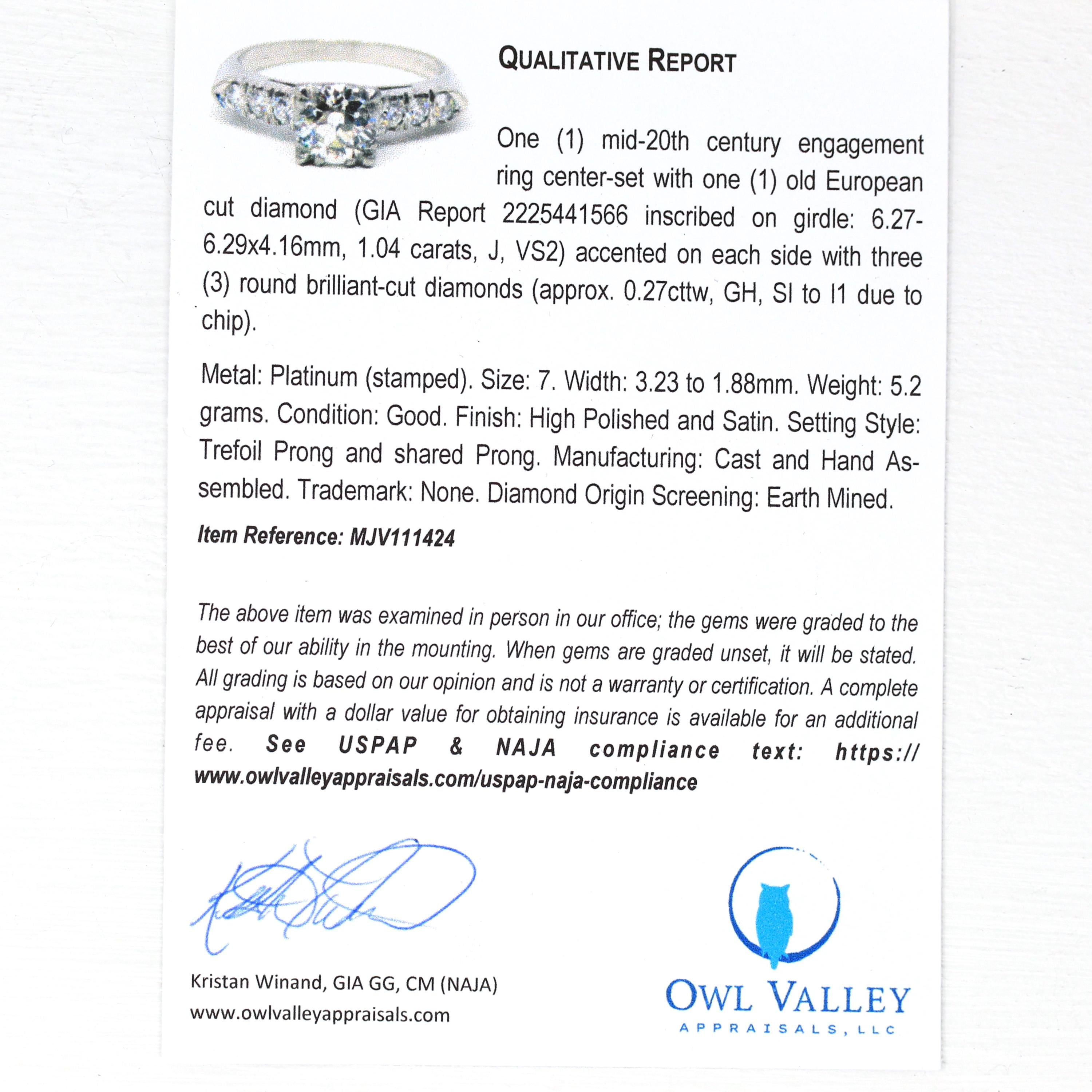 Vintage Engagement Ring - Platinum Old European Cut 1.04 Carat Diamond Statement - Size 7 Mid Century 1950s Era GIA Report Fine 50s Jewelry