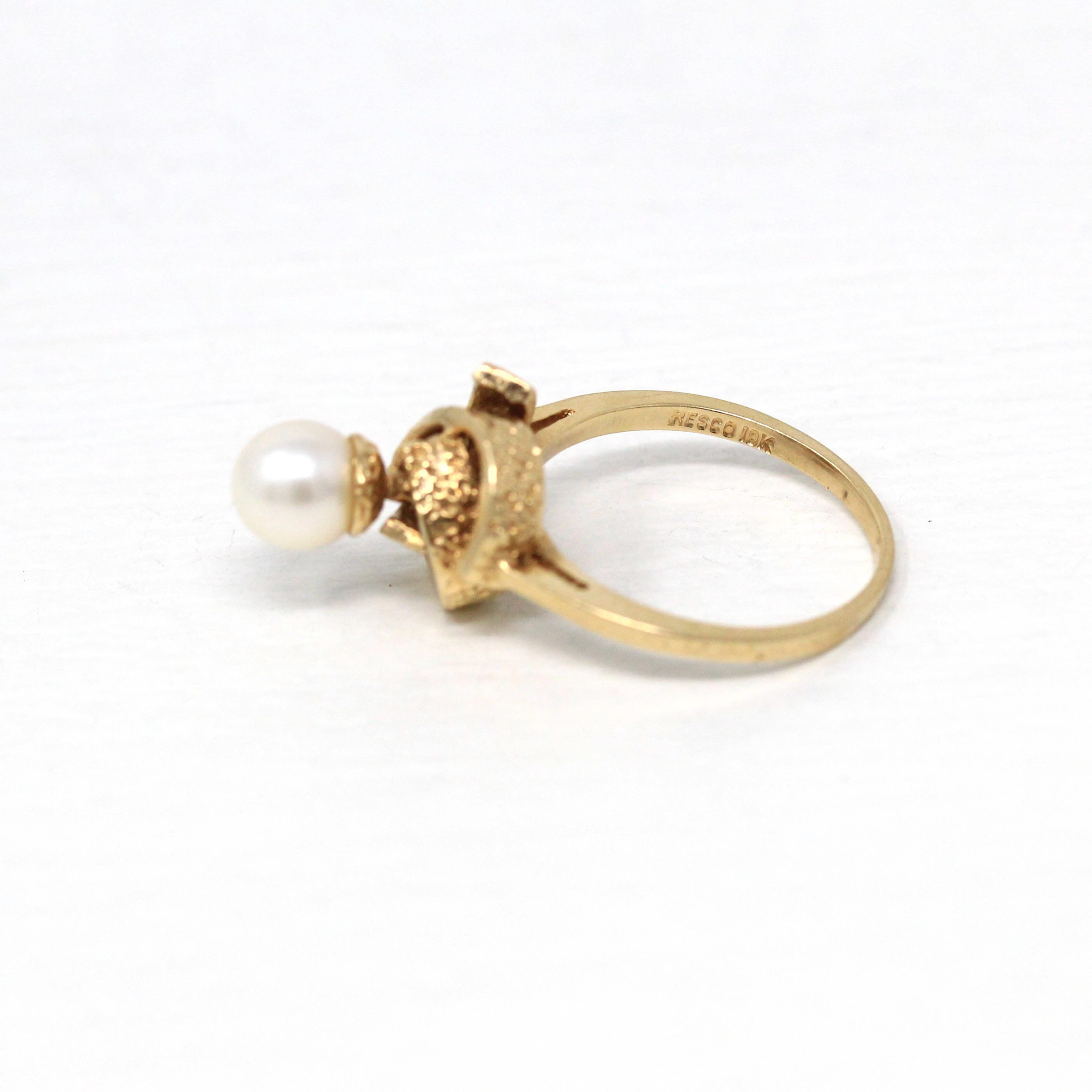 Cultured Pearl Ring - Retro 10k Yellow Gold 6.5 mm Round White Gem - Vintage Circa 1970s Era Size 7 New Old Stock Statement Fine 70s Jewelry