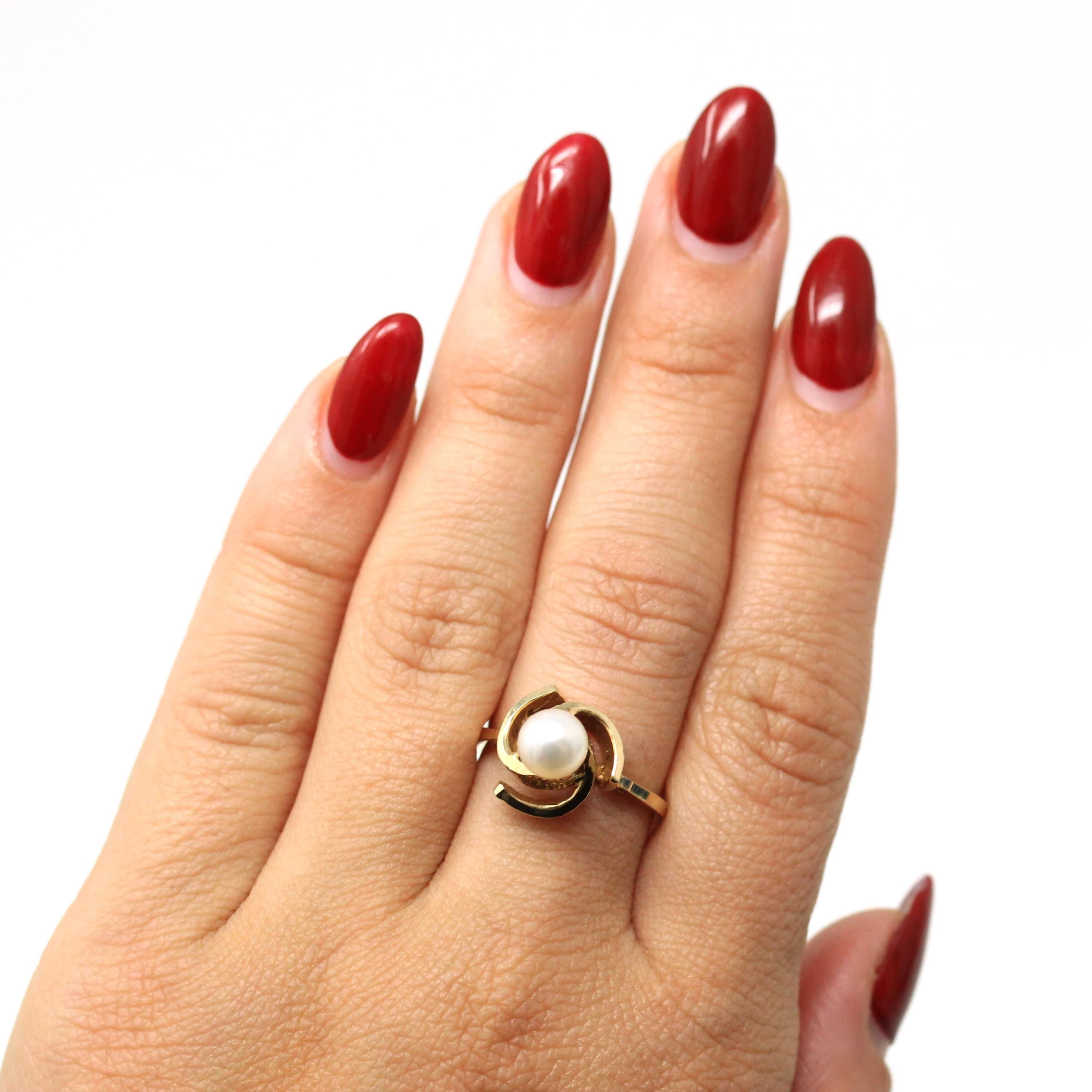 Cultured Pearl Ring - Retro 10k Yellow Gold 6.5 mm Round White Gem - Vintage Circa 1970s Era Size 7 New Old Stock Statement Fine 70s Jewelry