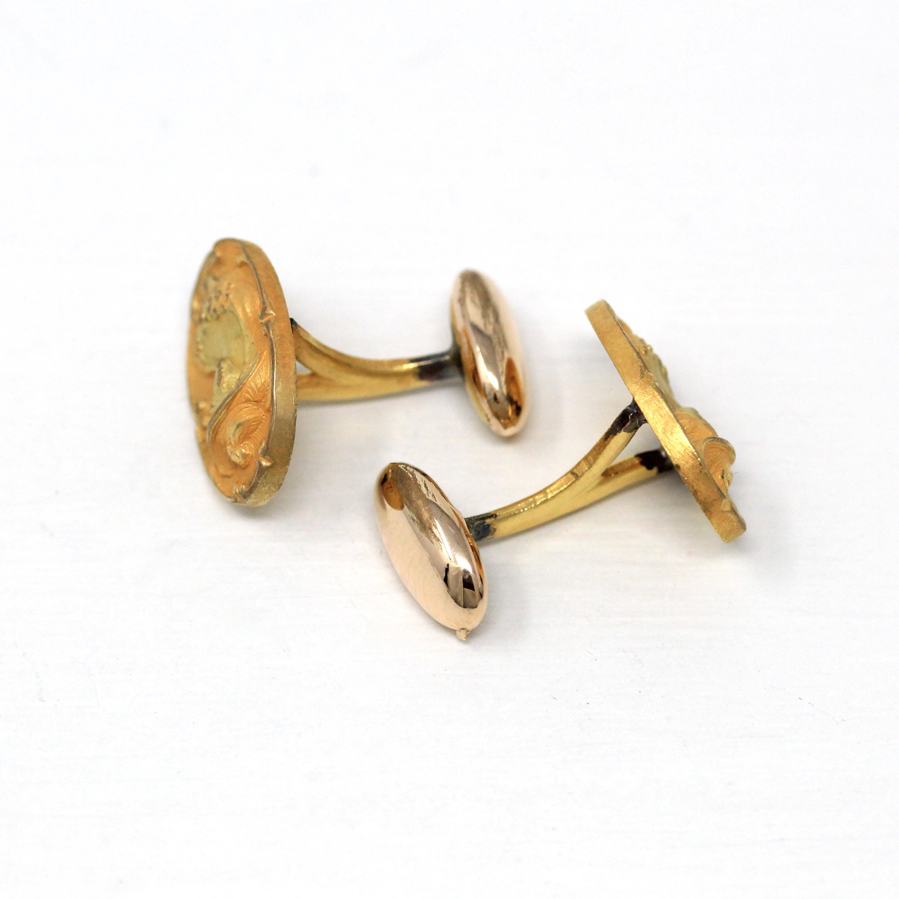 Antique Figural Cufflinks - Edwardian Gold Washed Cameo Woman Hat Portrait - Circa Early 1900s Men's Fashion Accessory Unique Floral Jewelry