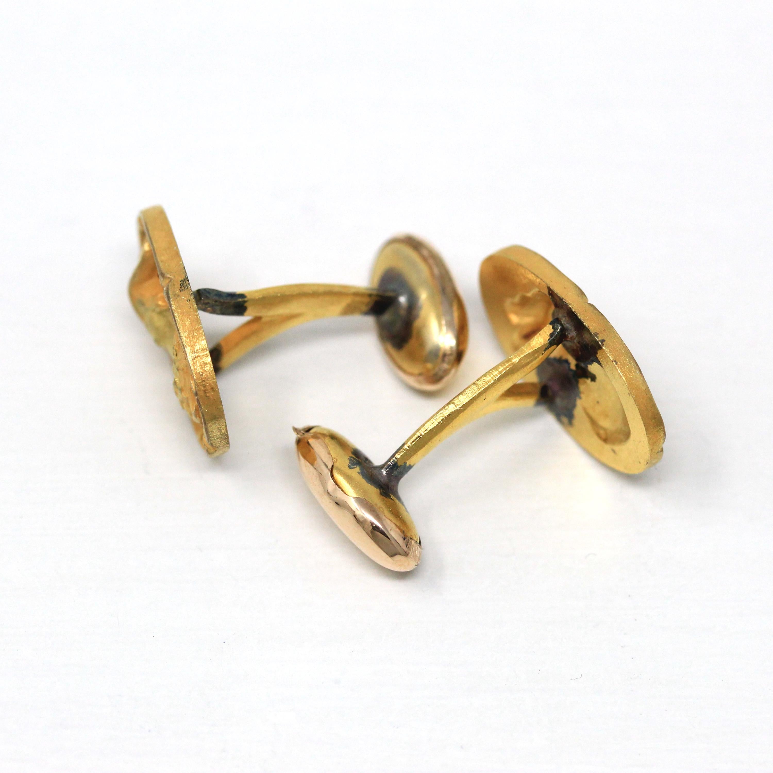 Antique Figural Cufflinks - Edwardian Gold Washed Cameo Woman Hat Portrait - Circa Early 1900s Men's Fashion Accessory Unique Floral Jewelry